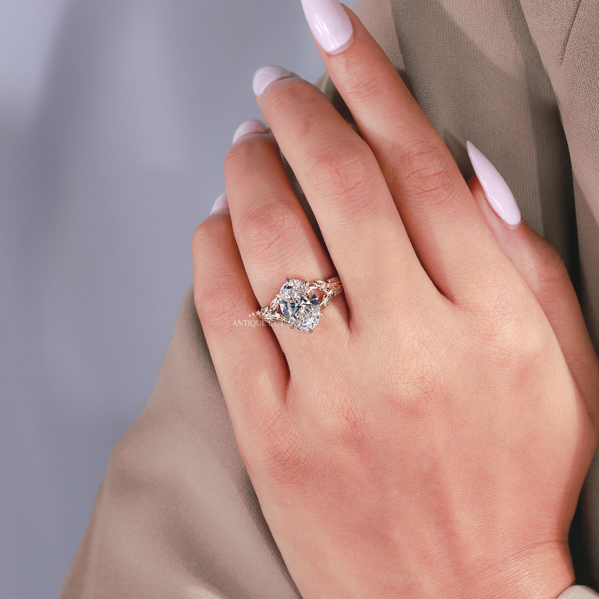 3.00 Carat Oval Cut Lab Grown Diamond Engagement Ring With Nature Inspired Leaf Vine Band