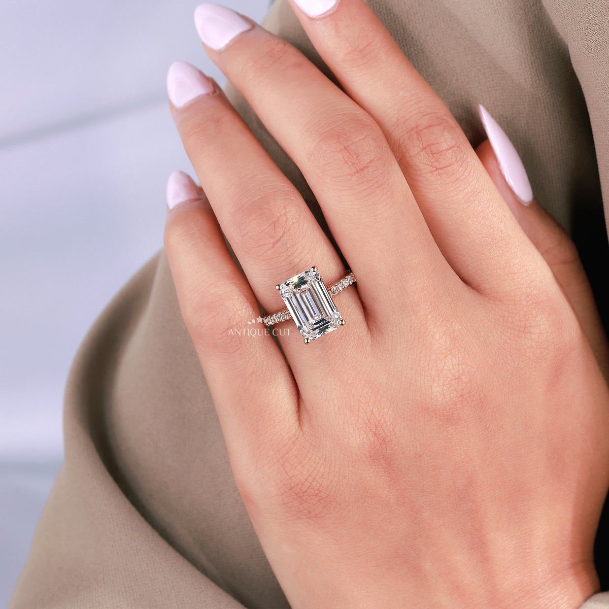 5.00 Carat Emerald Cut Diamond Engagement Ring With Pave Band | IGI Certified