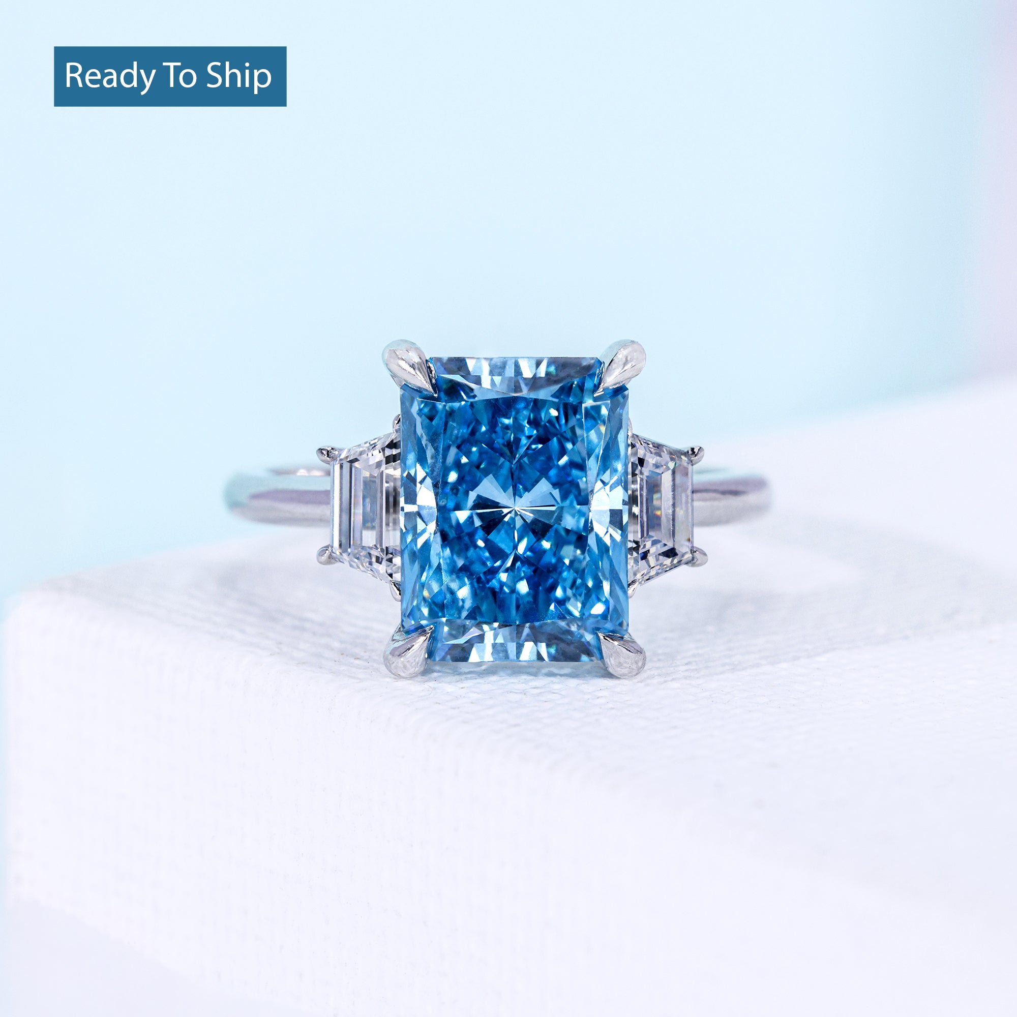 4.25 TCW - Radiant Cut Blue Diamond Ring - 14k White Gold