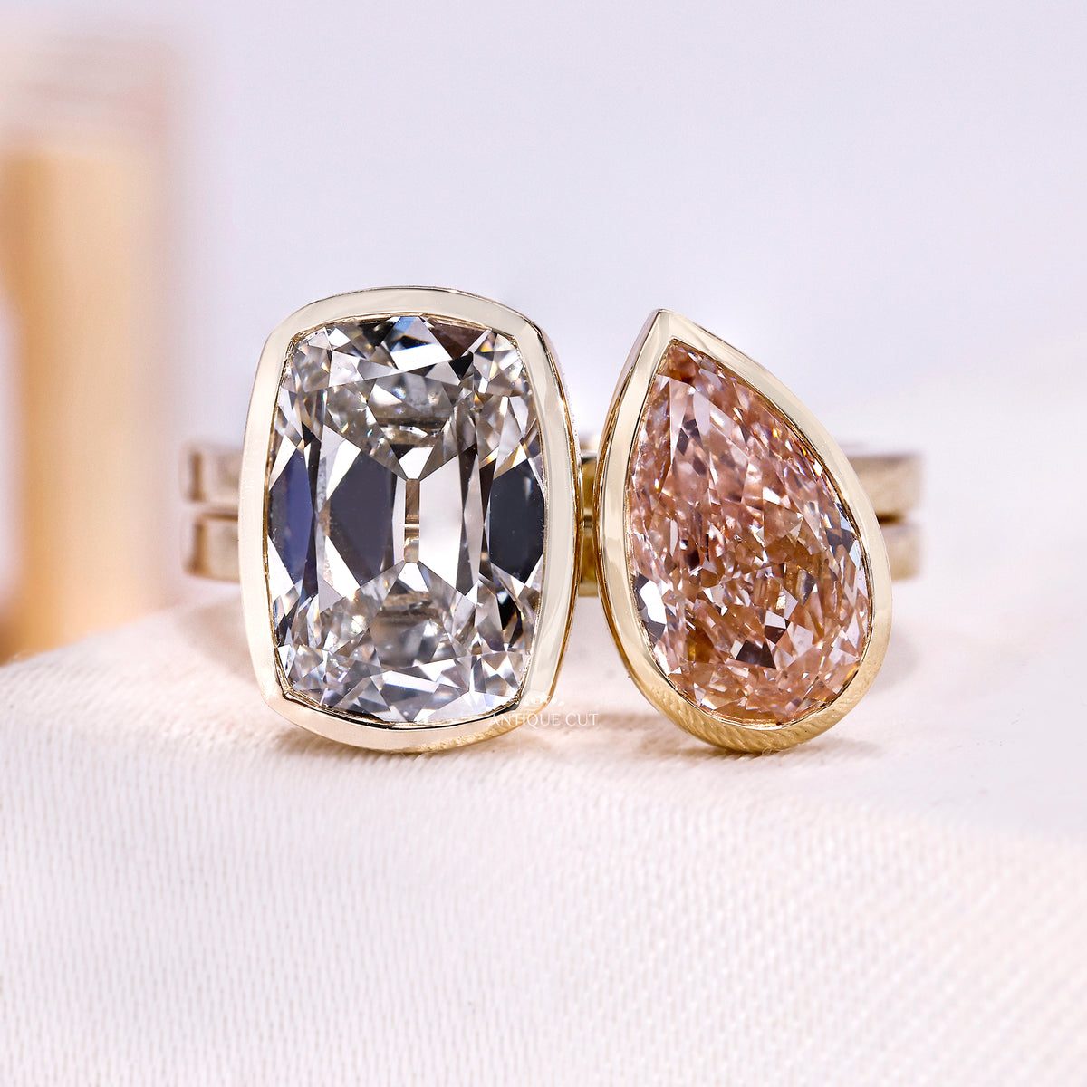 5.00TCW Pink Pear & Old Mine Cushion Diamond Toi et Moi Engagement Ring | IGI Certified