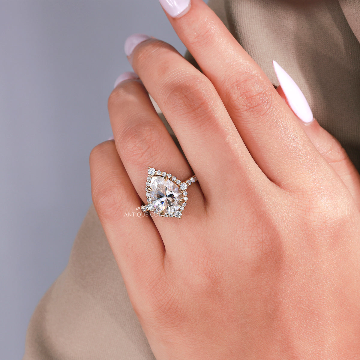 3.50 Carat Pear Cut Diamond Engagement Ring With Halo and Pave Band