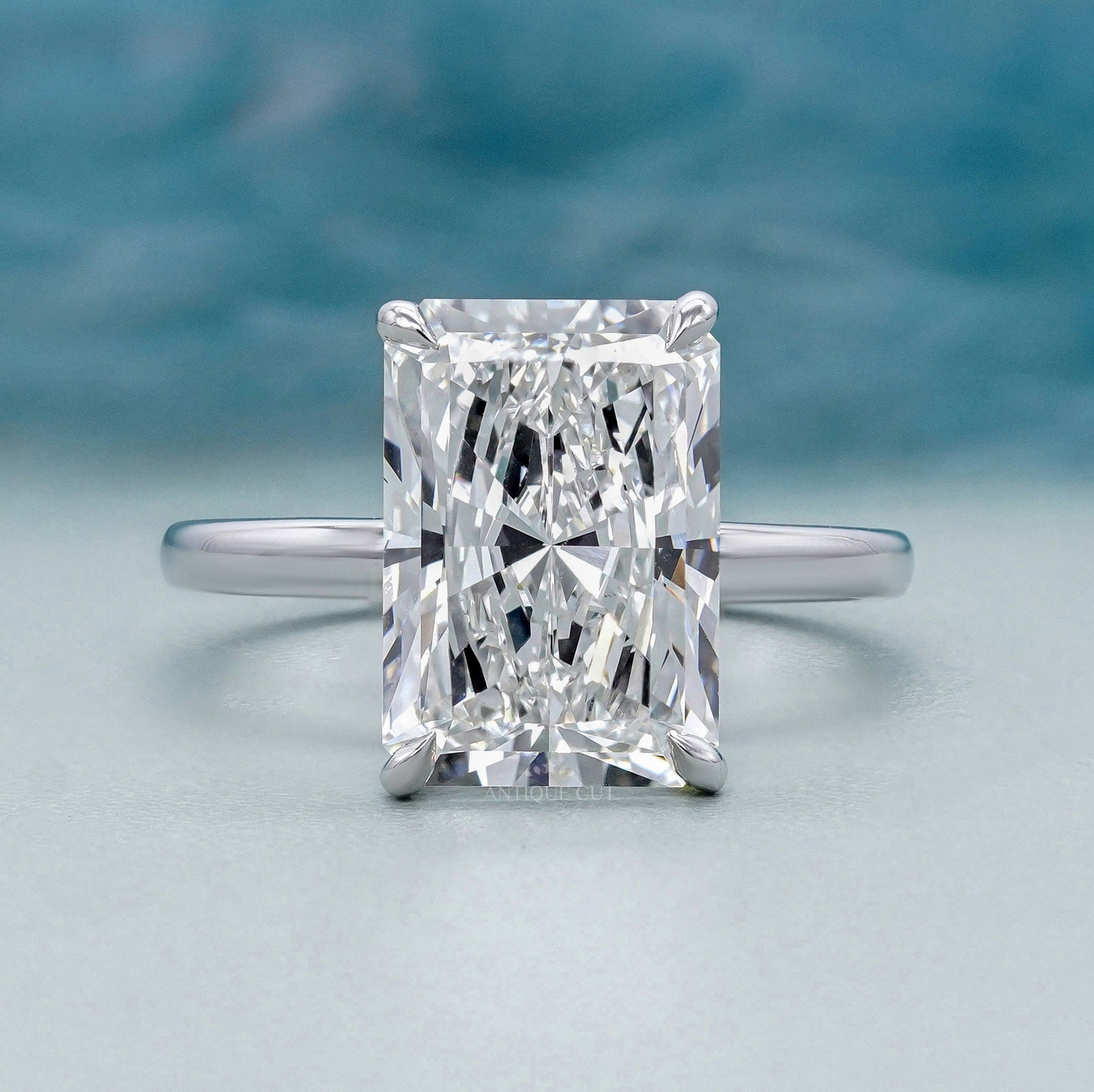 Radiant cut lab grown diamond solitaire engagement ring