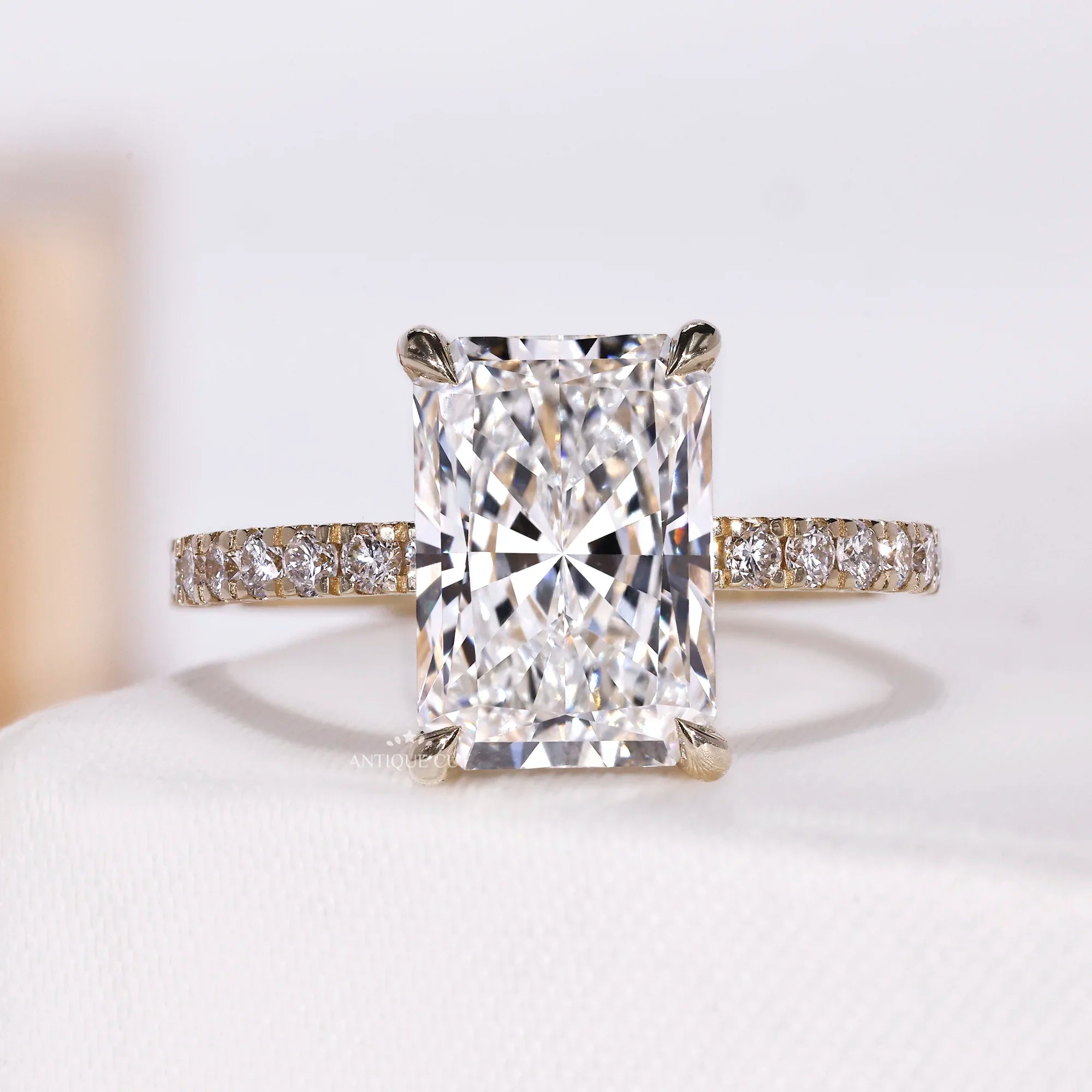 3.00 Carat Radiant Cut Diamond Ring With Hidden Halo Ring | Pave Band | IGI Certified