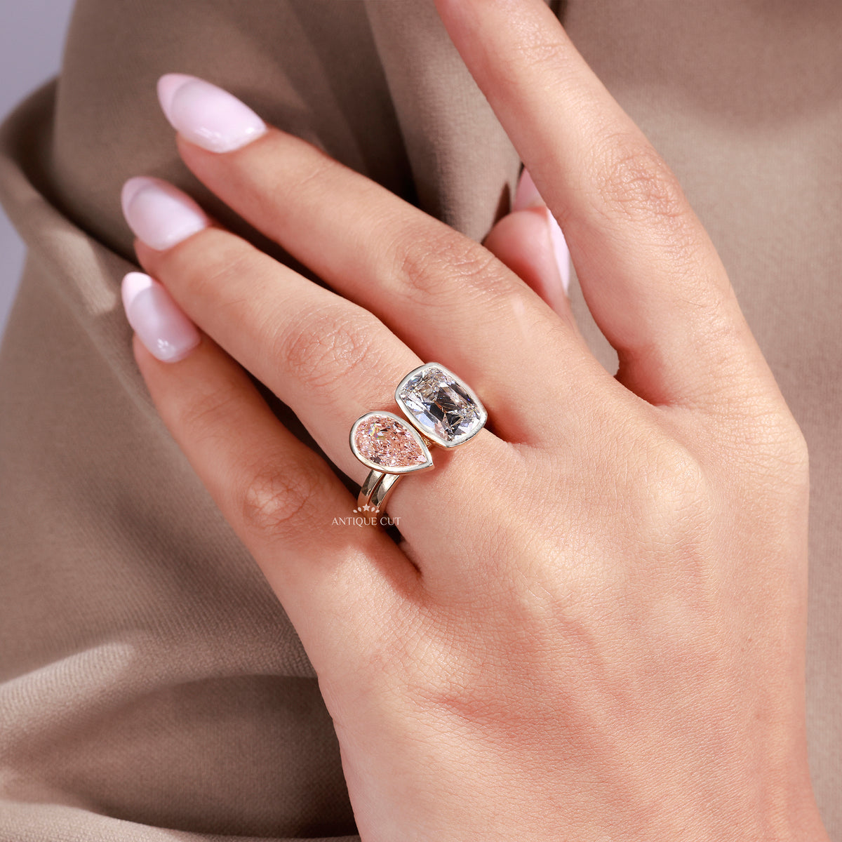5.00TCW Pink Pear & Old Mine Cushion Diamond Toi et Moi Engagement Ring | IGI Certified