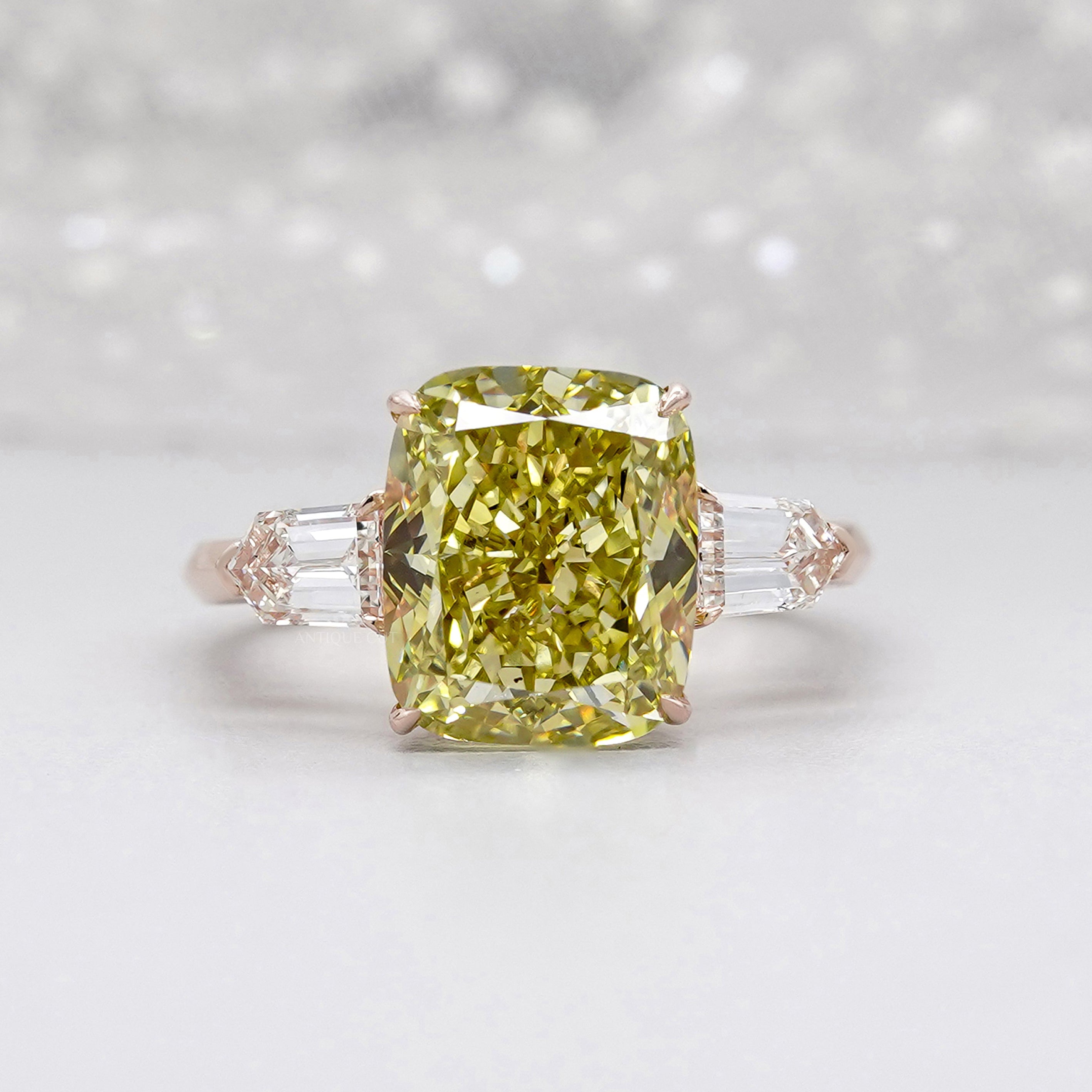 Yellow cushion diamond ring three stone rose gold 4 prong