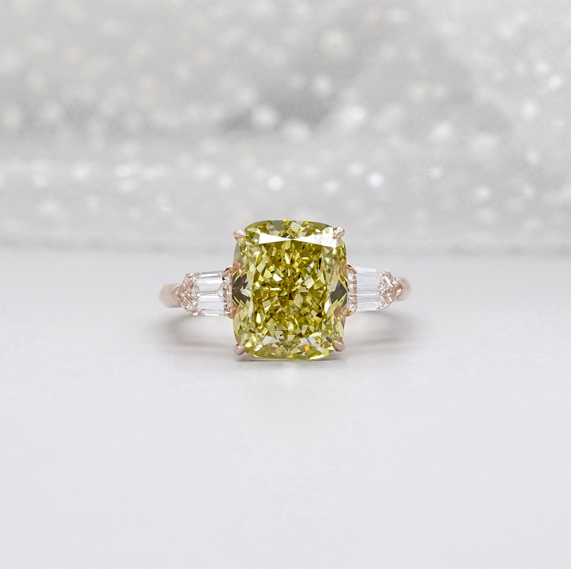Fancy Yellow 6.50tcw Cushion Cut Lab Diamond Ring | Rose Gold Three-Stone | IGI Certified