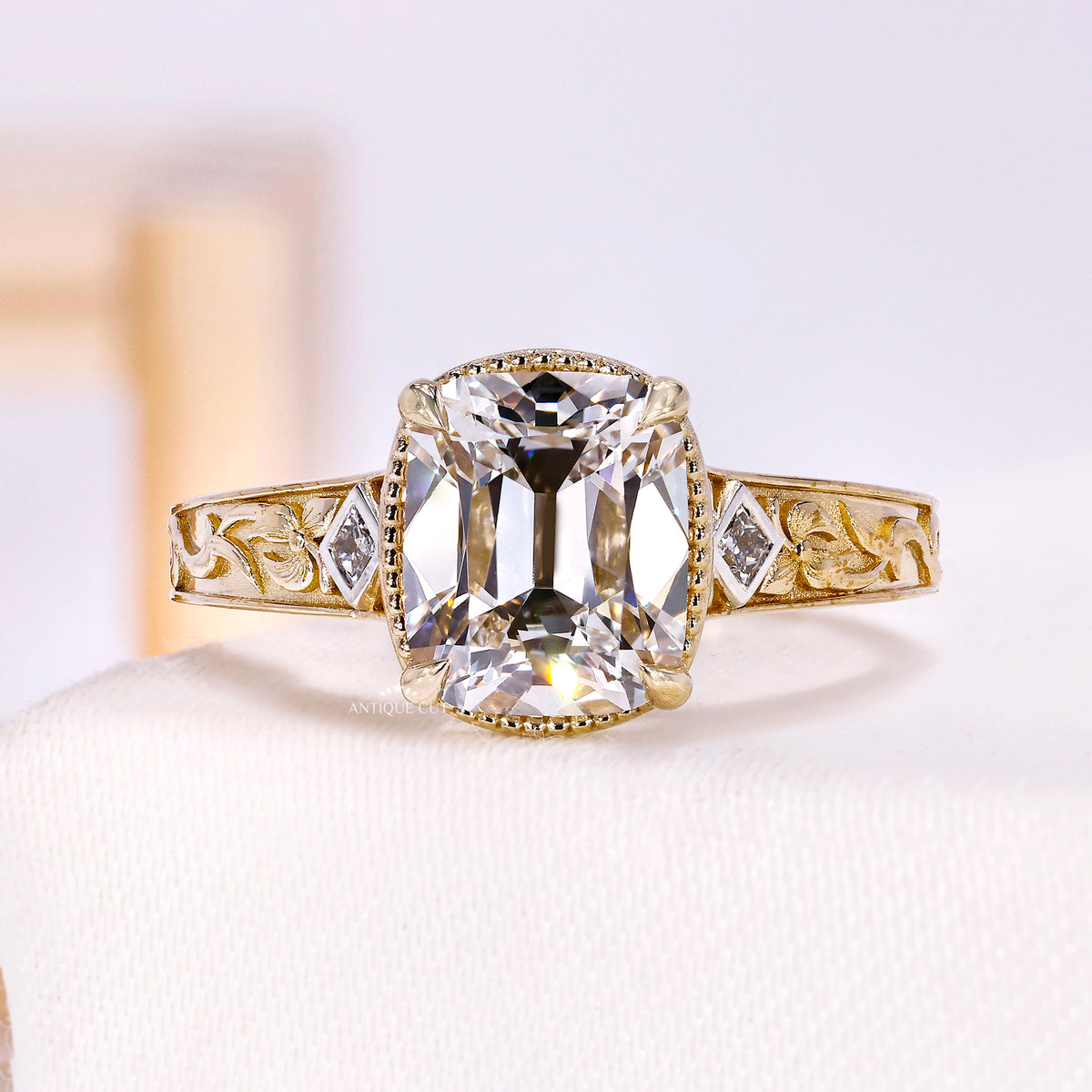 2.00 Carat Old Mine Cushion Cut Lab Grown Diamond Ring in Yellow Gold
