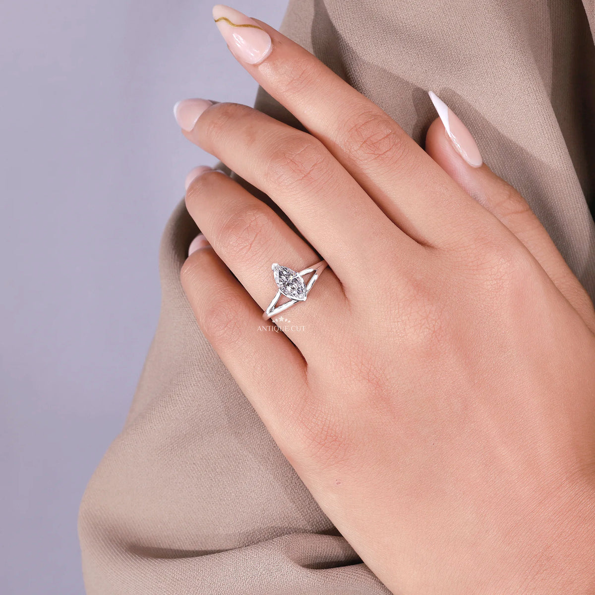 1.00 Carat Marquise Solitaire Engagement Ring With Split Shank Half Bezel Setting | IGI Certified