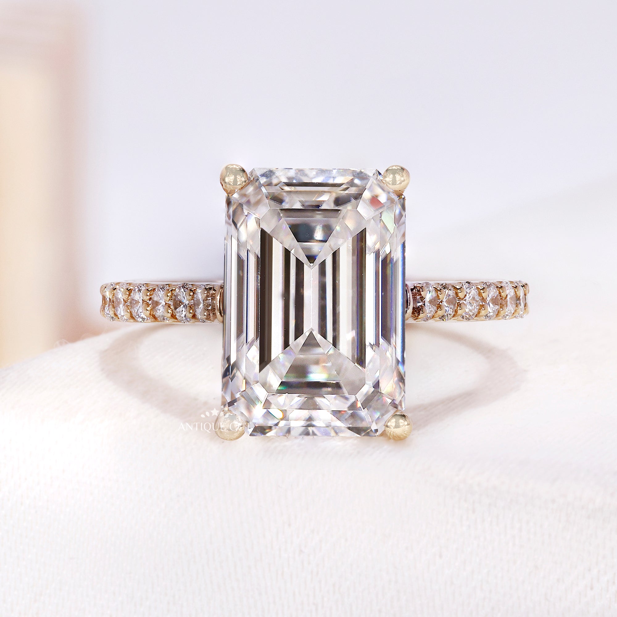 5.00 Carat Emerald Cut Diamond Engagement Ring With Pave Band | IGI Certified