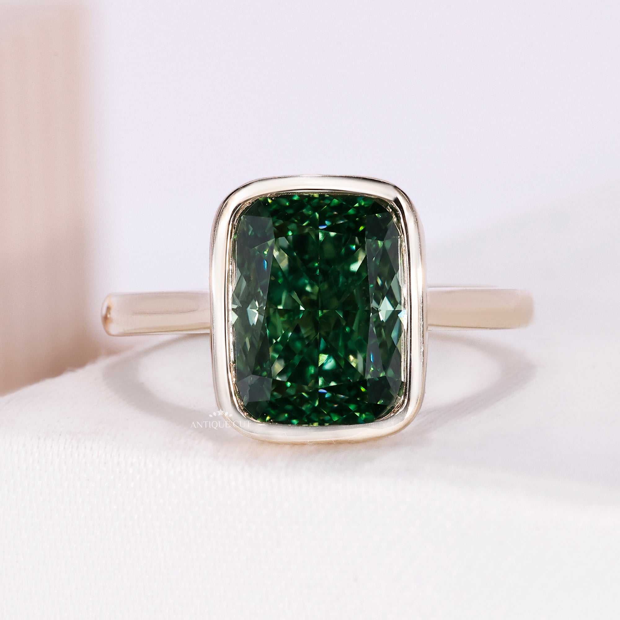 3.50 Carat Fancy Green Cushion Cut Bezel Set Engagement Ring | IGI Certified
