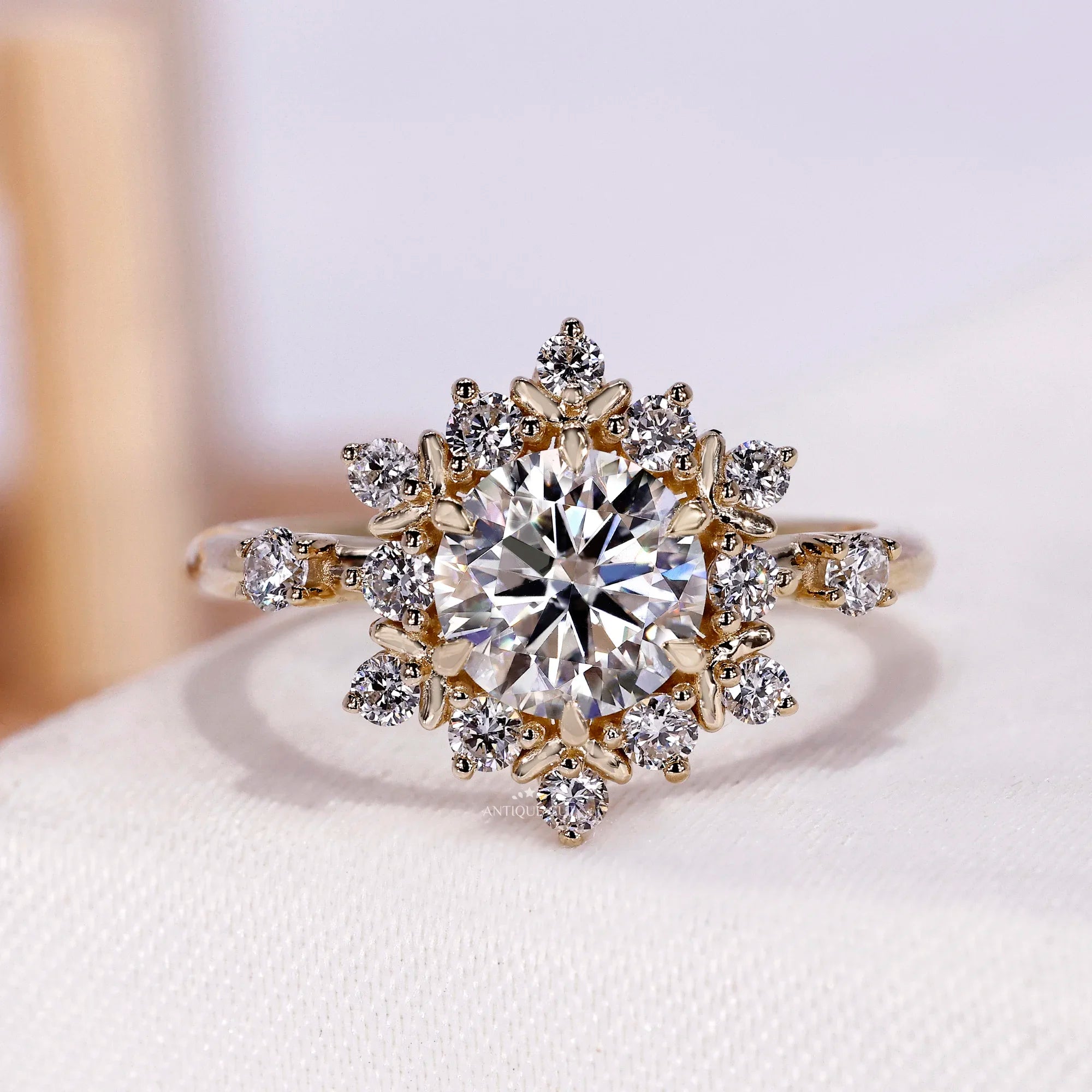1.0 Carat Starburst Halo Round Lab Grown Diamond Ring With Accent Diamond & Tulip Setting