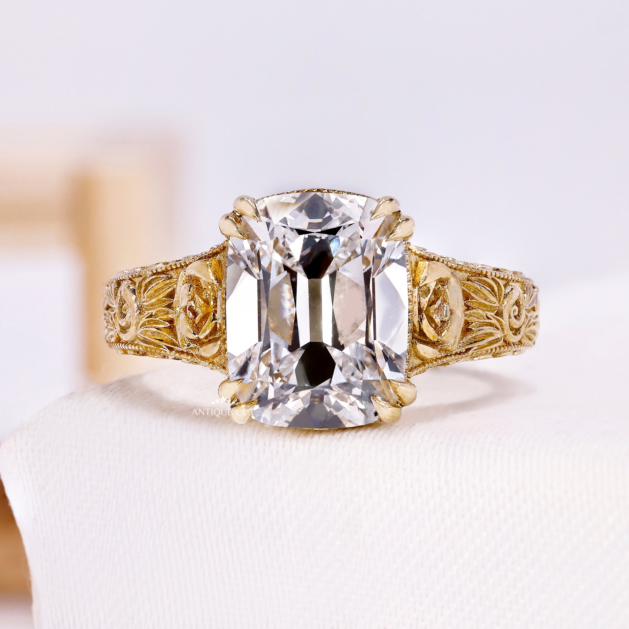 4.0 Carat Vintage Milgrain Old Mine Cushion Cut Engagement Ring