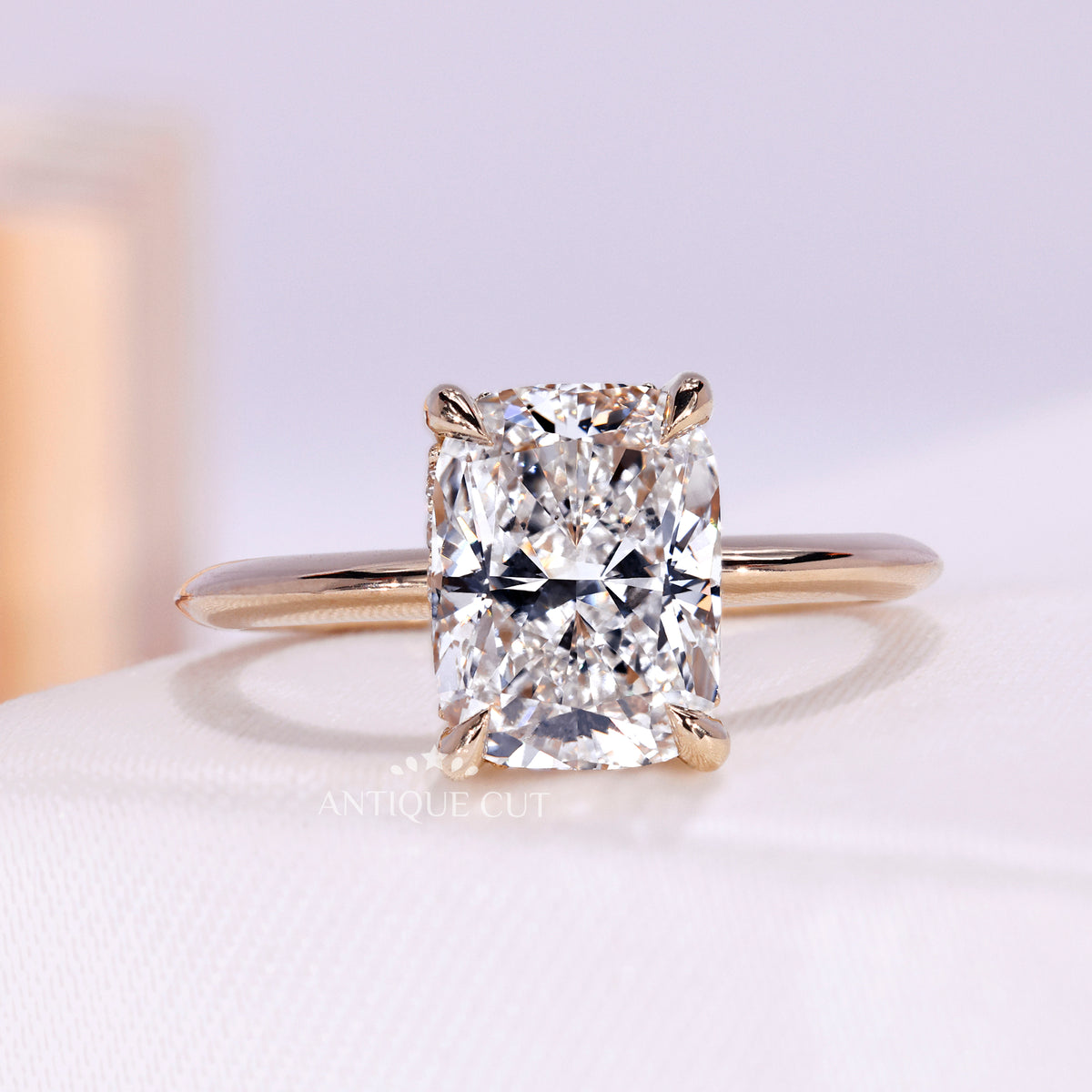 2.50 Carat Elongated Cushion Cut Diamond ring in yellow gold