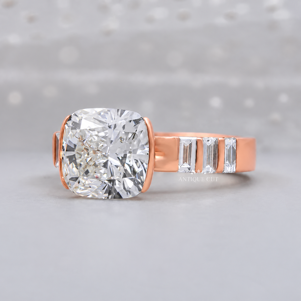 4.0 Carat Lab Grown Diamond East West Cushion Cut Half Bezel Engagement Ring