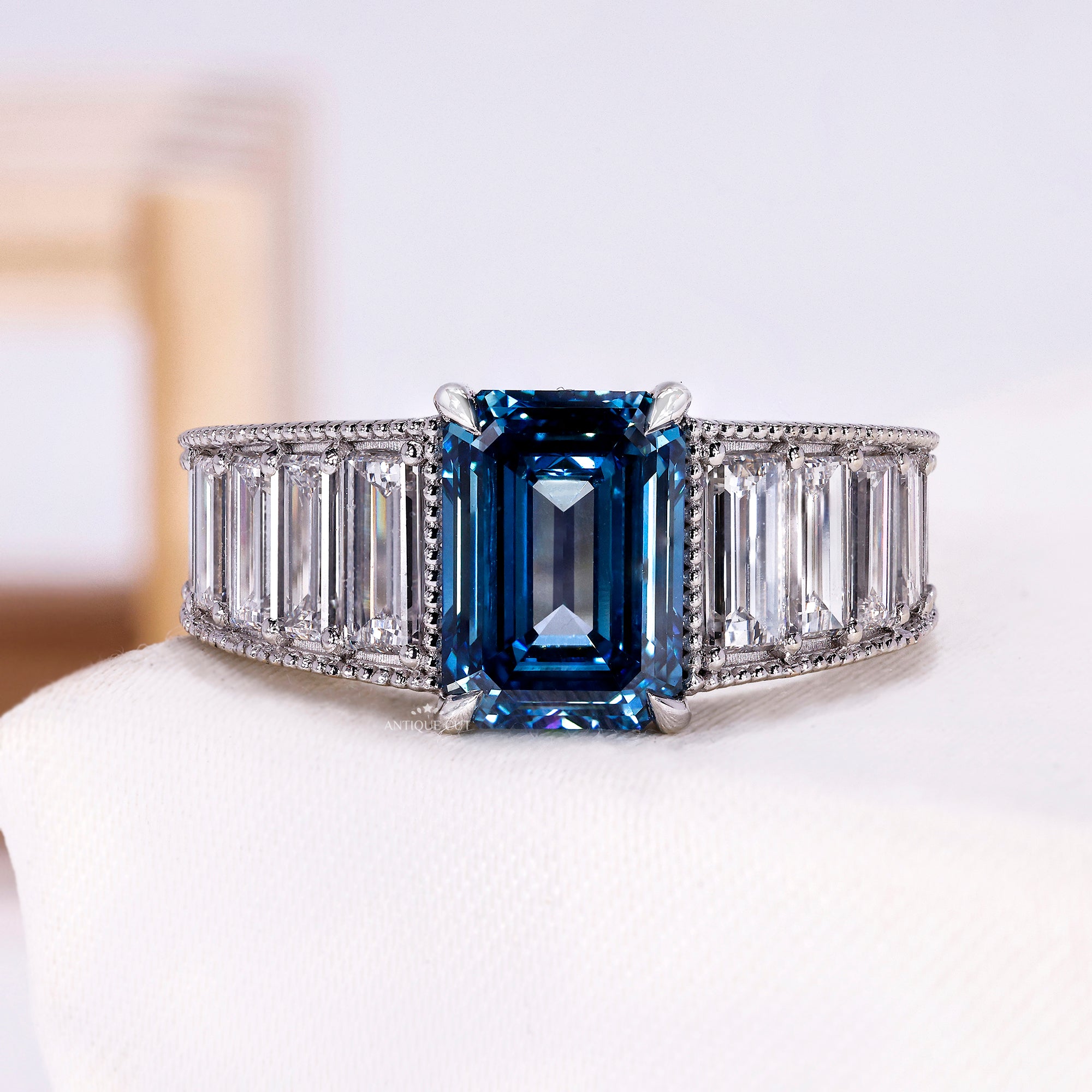 3.50 Carat Blue Emerald Cut Lab Grown Diamond Engagement Ring with Baguette Pave band