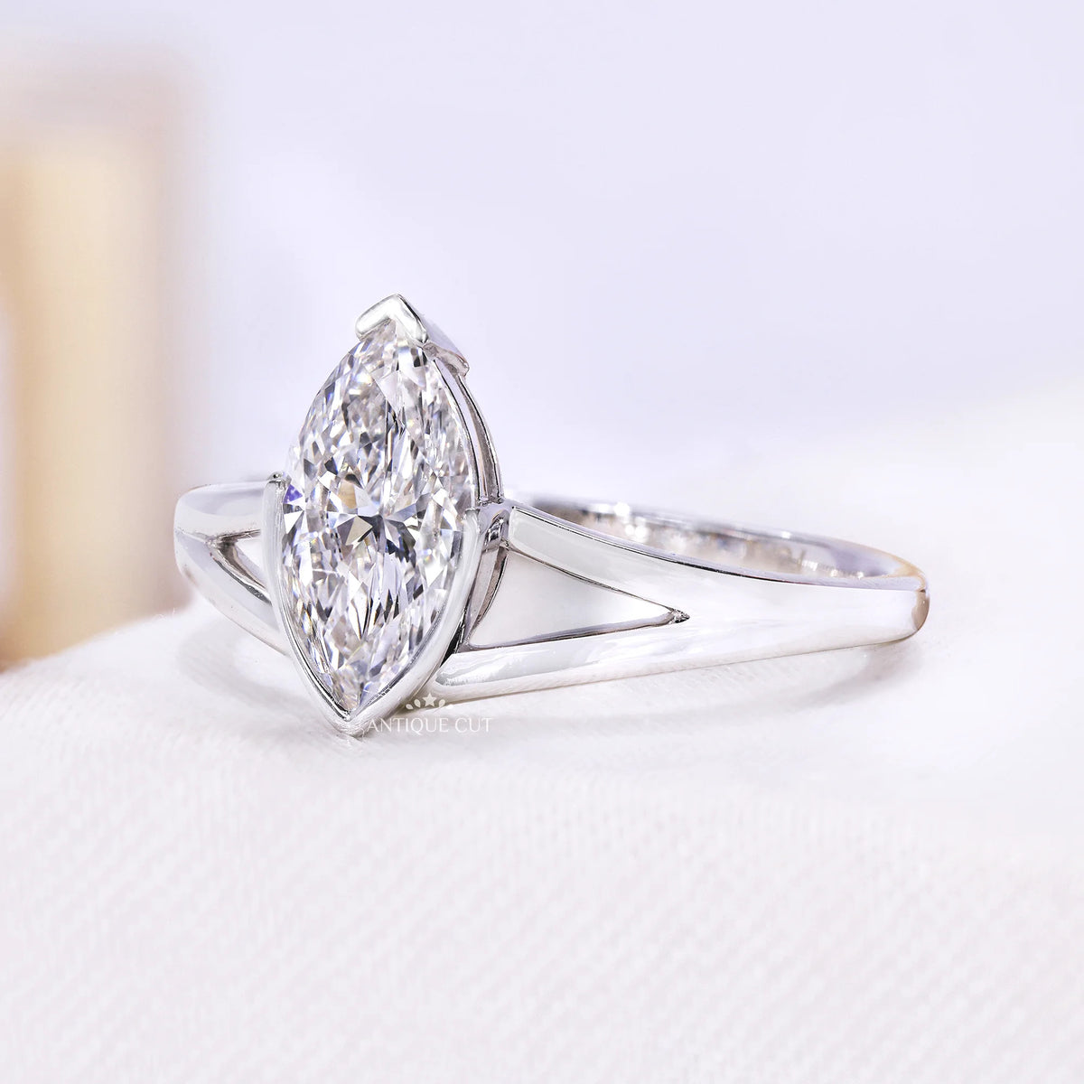 1.00 Carat Marquise Solitaire Engagement Ring With Split Shank Half Bezel Setting | IGI Certified