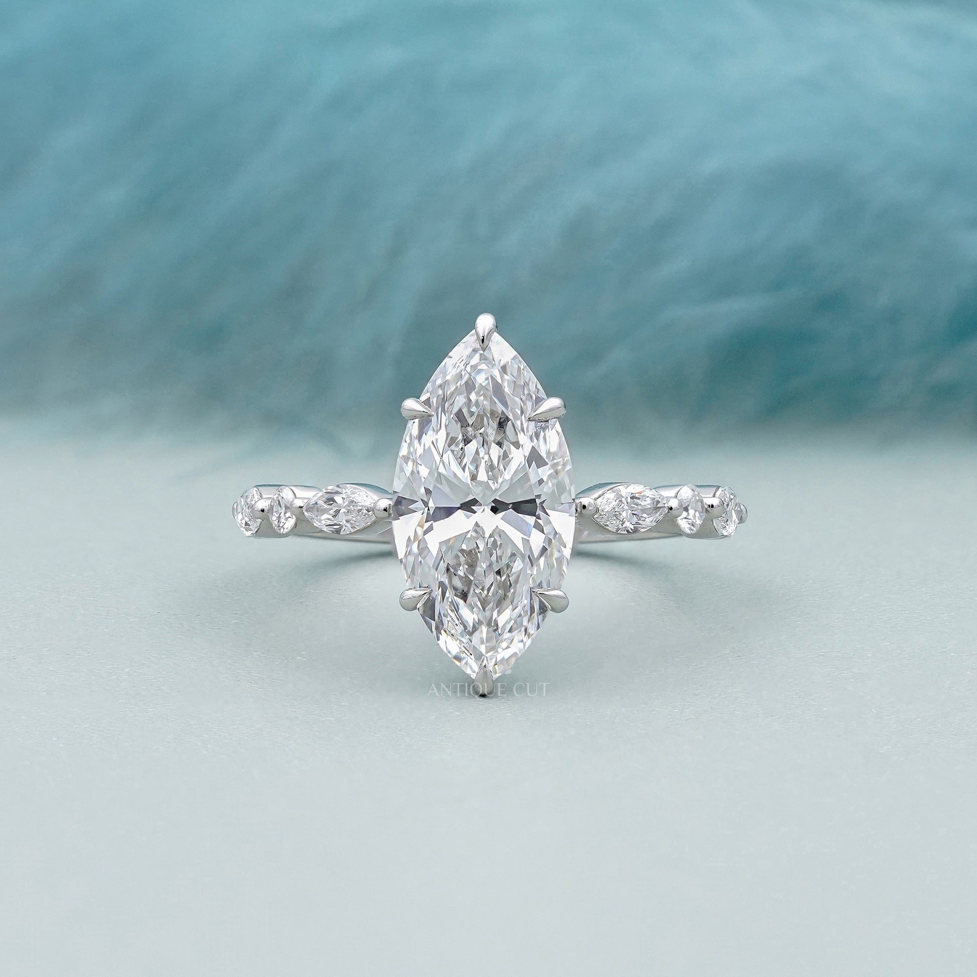 3.00ct Marquise Engagement Ring with 0.60ct Marquise & Round Side Stones | Unique Diamond Halo Ring | White Gold Marquise Solitaire