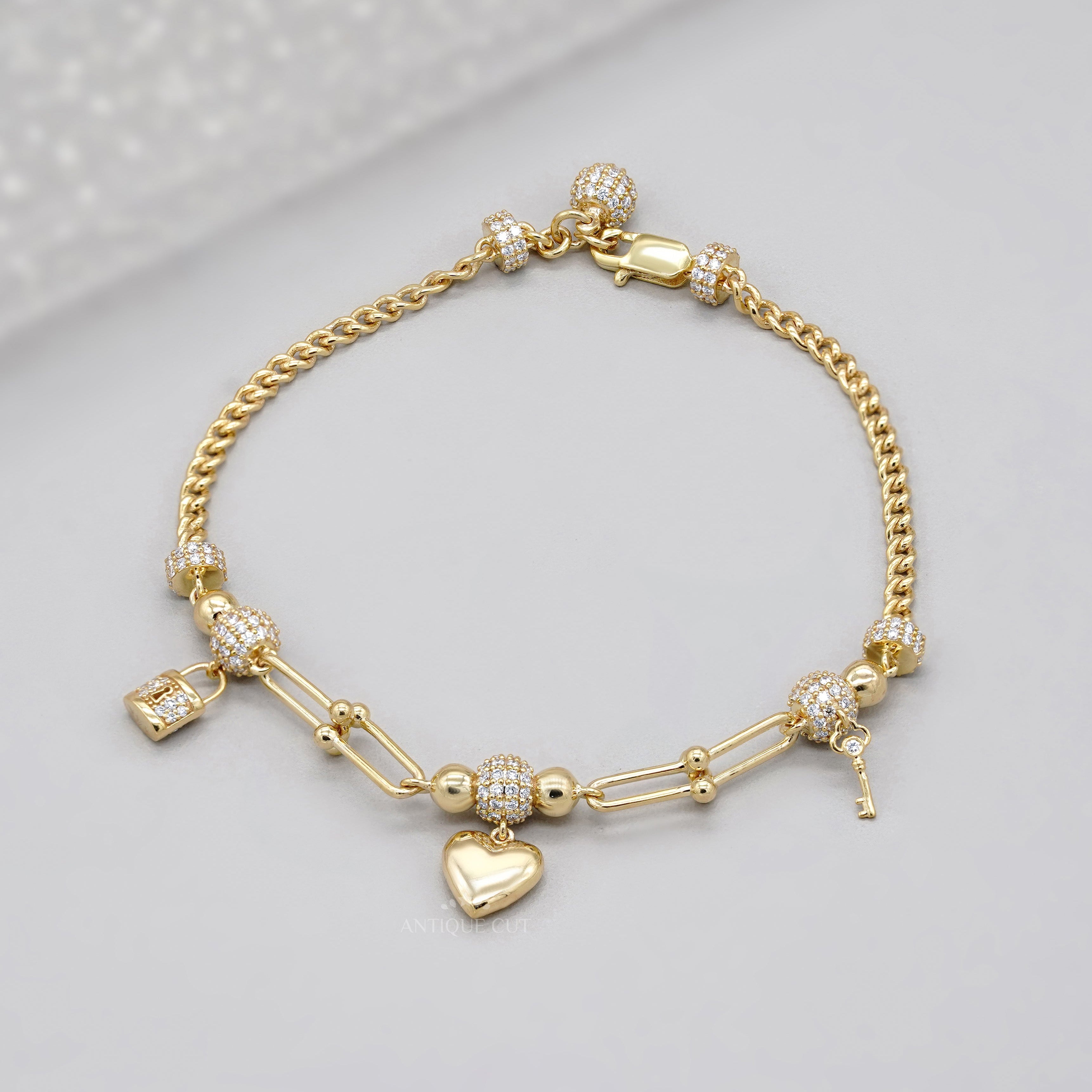 1.50tcw Diamond Charm Bracelet | Heart, Lock & Key | Round Cut | IGI Certified