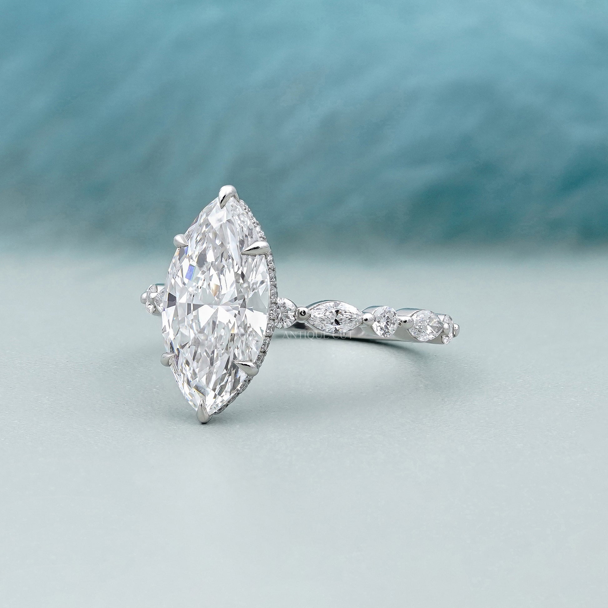 3.00ct Marquise Engagement Ring with 0.60ct Marquise & Round Side Stones | Unique Diamond Halo Ring | White Gold Marquise Solitaire