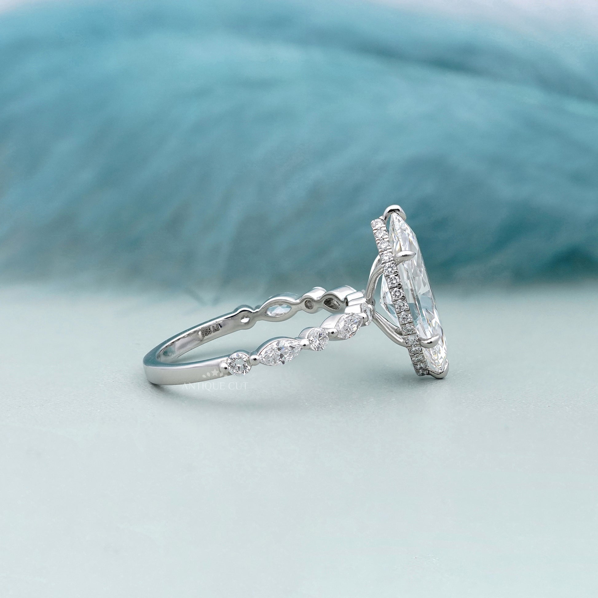 3.00ct Marquise Engagement Ring with 0.60ct Marquise & Round Side Stones | Unique Diamond Halo Ring | White Gold Marquise Solitaire