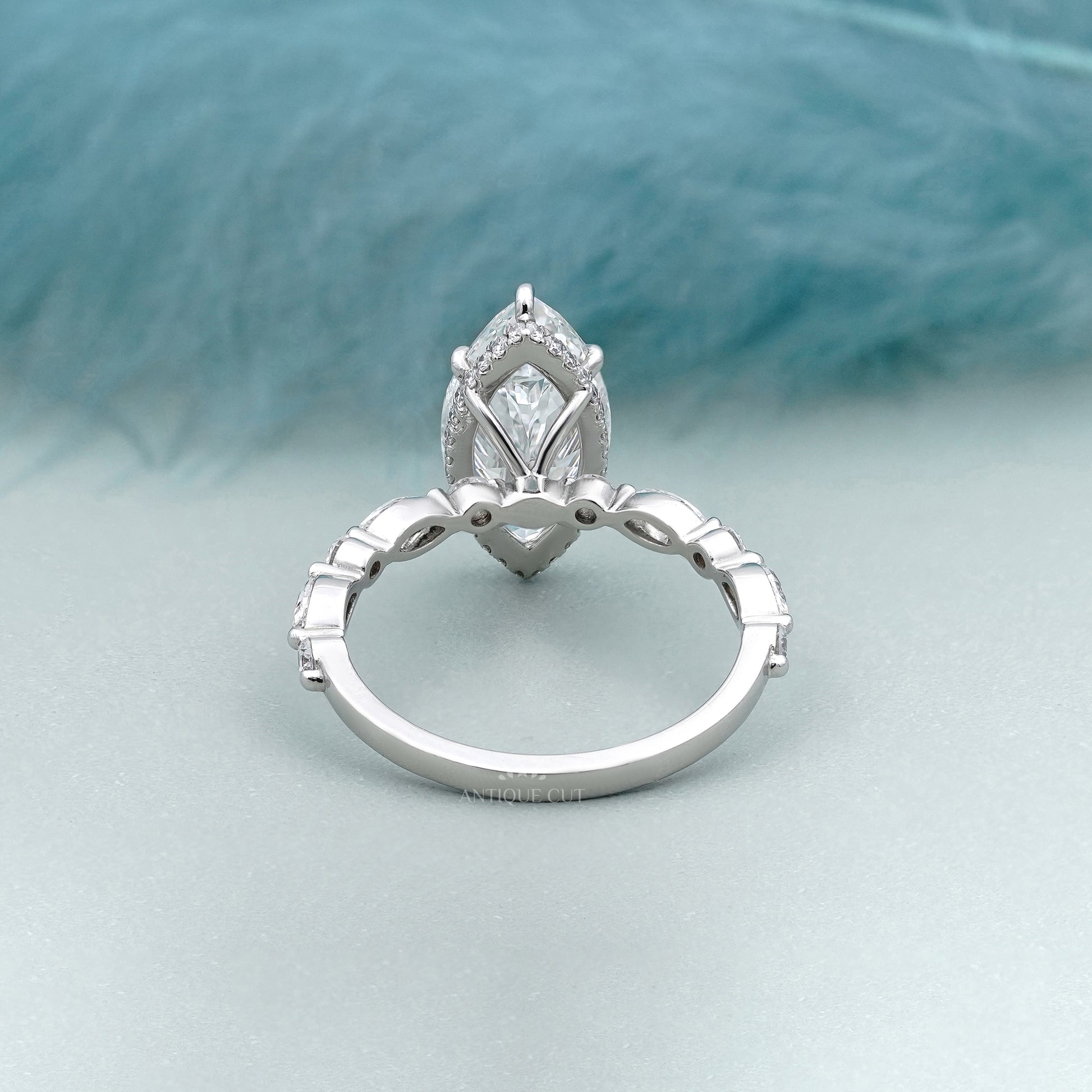 3.00ct Marquise Engagement Ring with 0.60ct Marquise & Round Side Stones | Unique Diamond Halo Ring | White Gold Marquise Solitaire