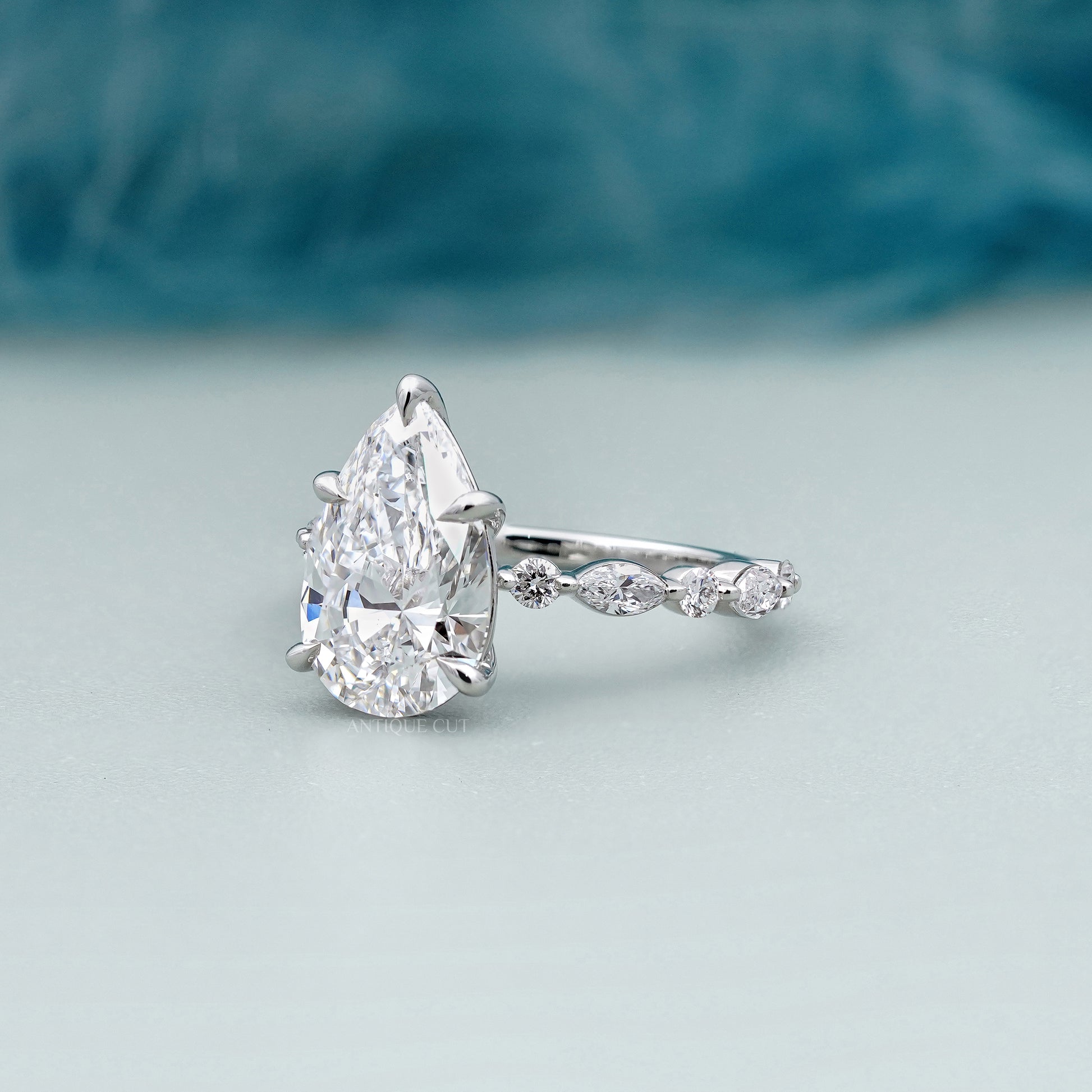 2.80ct Pear Cut Diamond Engagement Ring | 0.60ct Side Stones | 14K White Gold | Marquise Band | Antique Cut Fine Jewelry