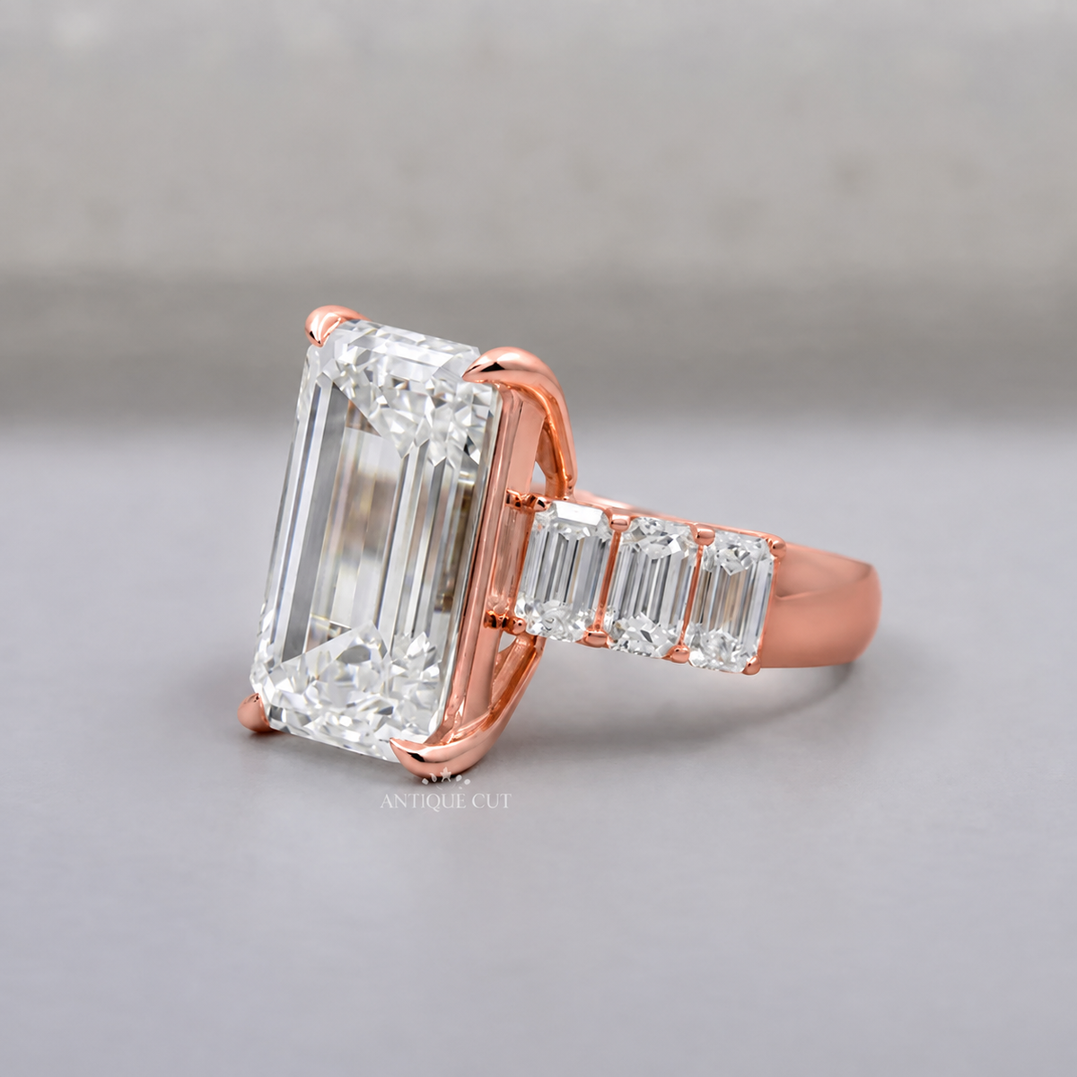 9.0 Carat Lab Grown Emerald Cut Engagement Ring with Tapered Side Stones