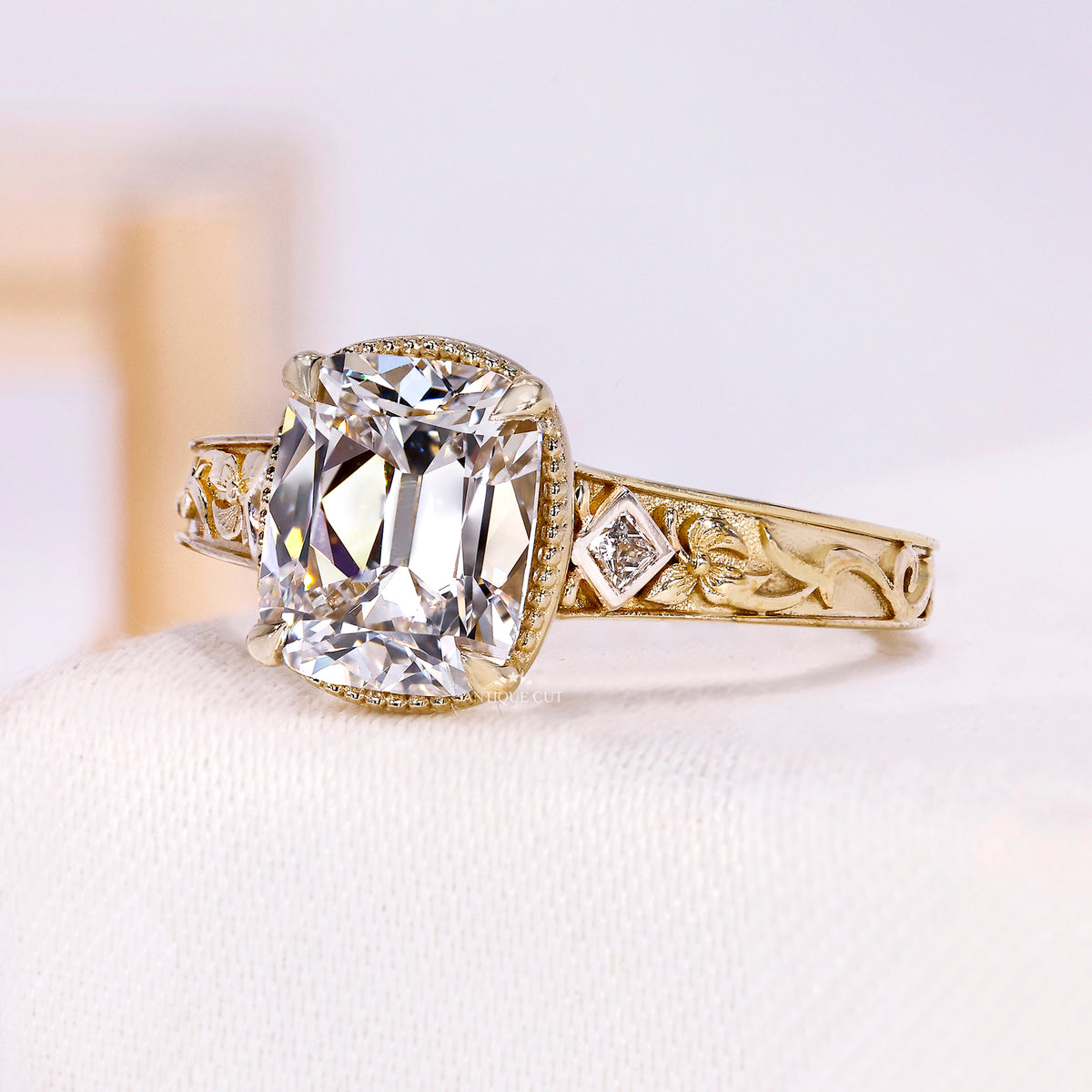 2.00 Carat Old Mine Cushion Cut Lab Grown Diamond Ring in Yellow Gold