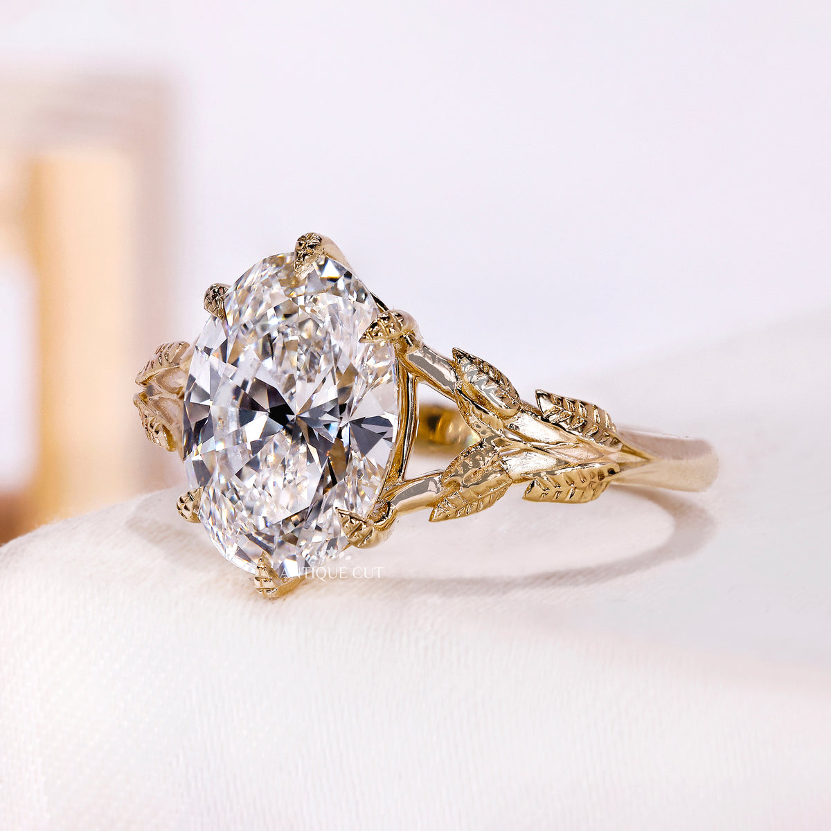 3.00 Carat Oval Cut Lab Grown Diamond Engagement Ring With Nature Inspired Leaf Vine Band