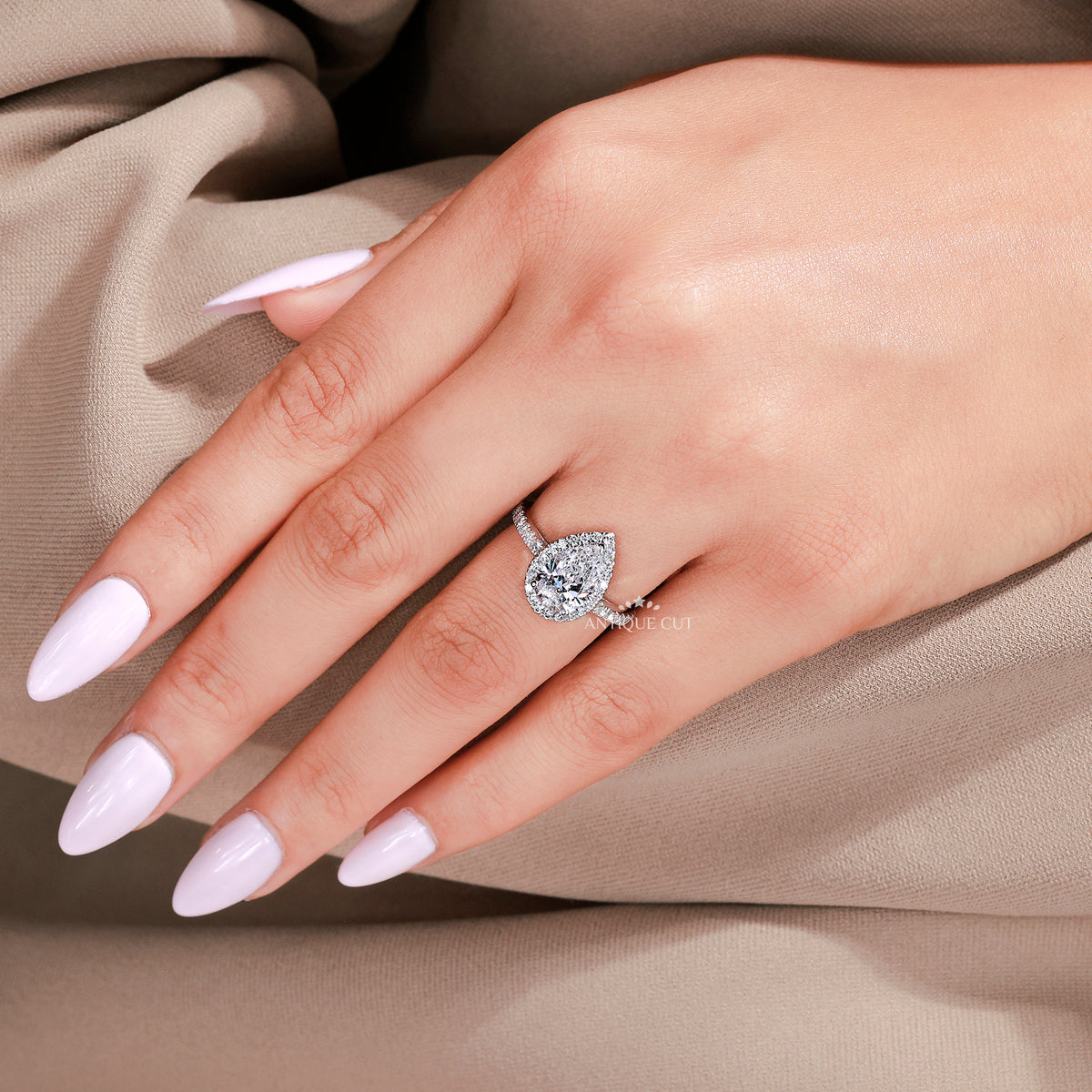 1.50 Carat Pear Shaped Halo Engagement Ring With Pave Band | IGI Certified