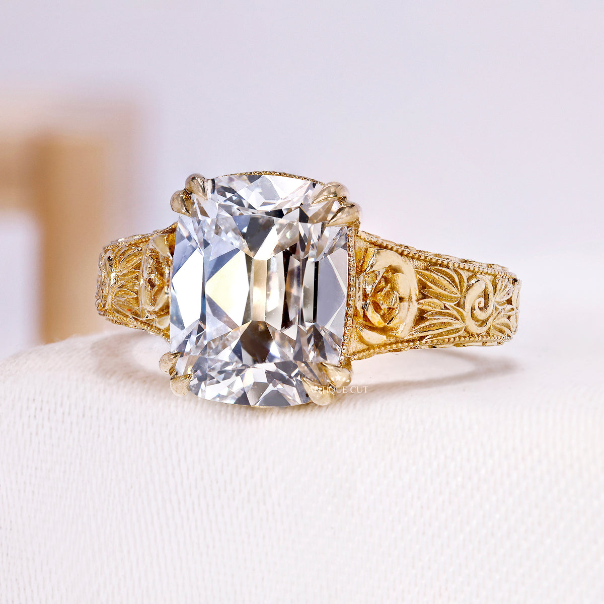 4.0 Carat Vintage Milgrain Old Mine Cushion Cut Engagement Ring