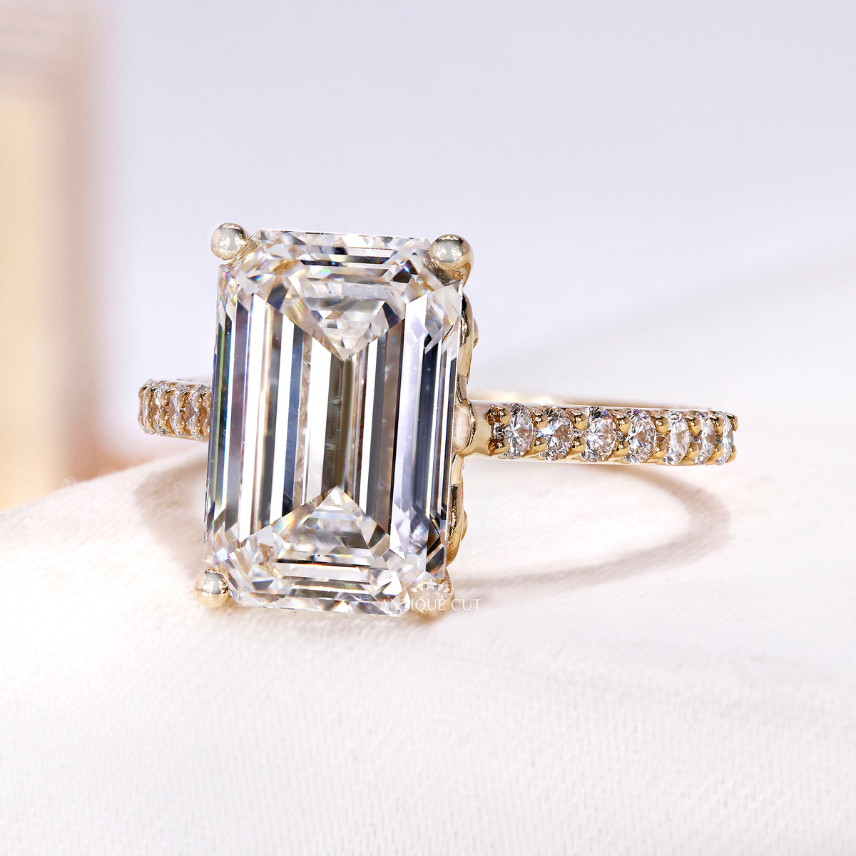 5.00 Carat Emerald Cut Diamond Engagement Ring With Pave Band | IGI Certified