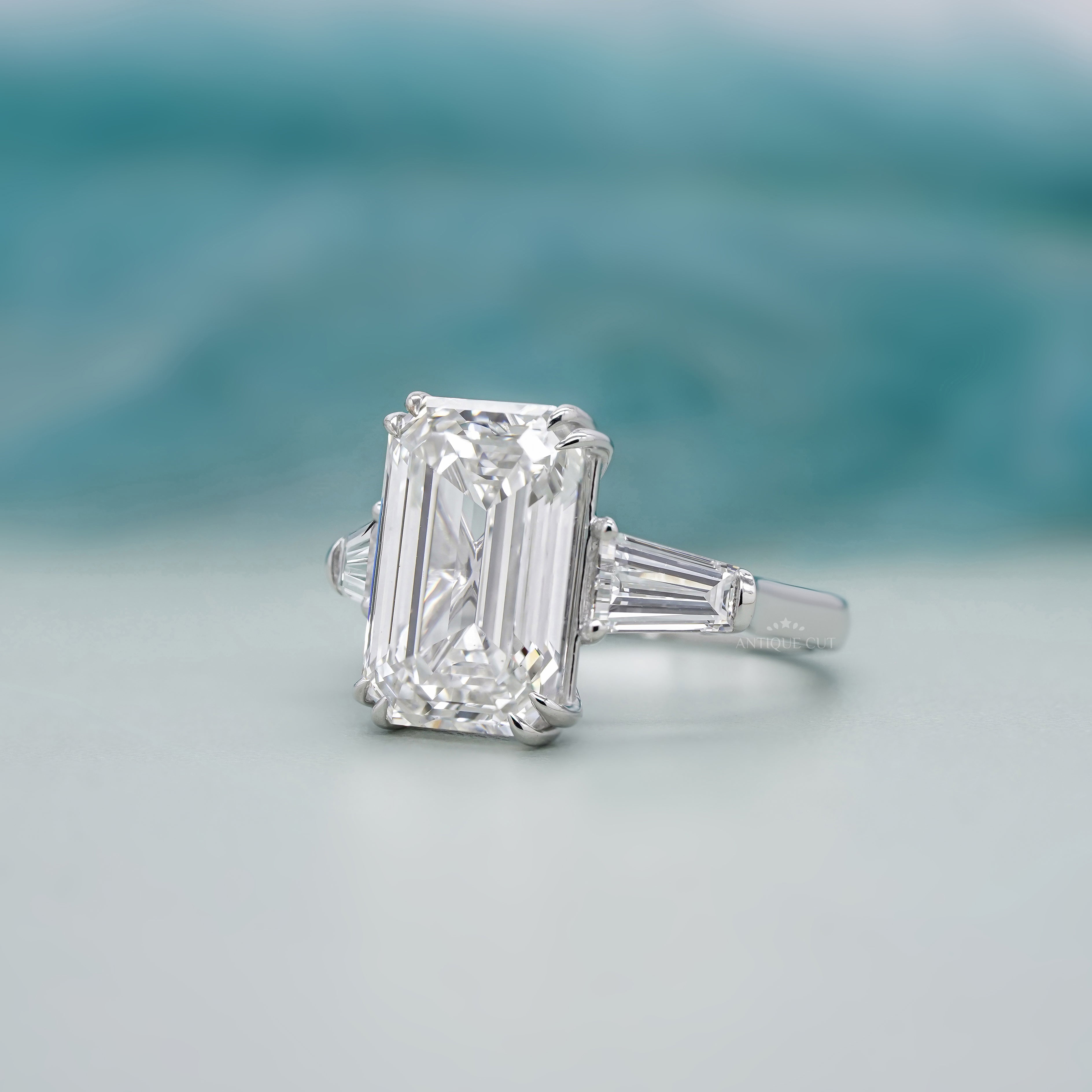 Emerald 6.60tcw Lab Grown Diamond Three Stone Engagement Ring | IGI Certified | White Gold
