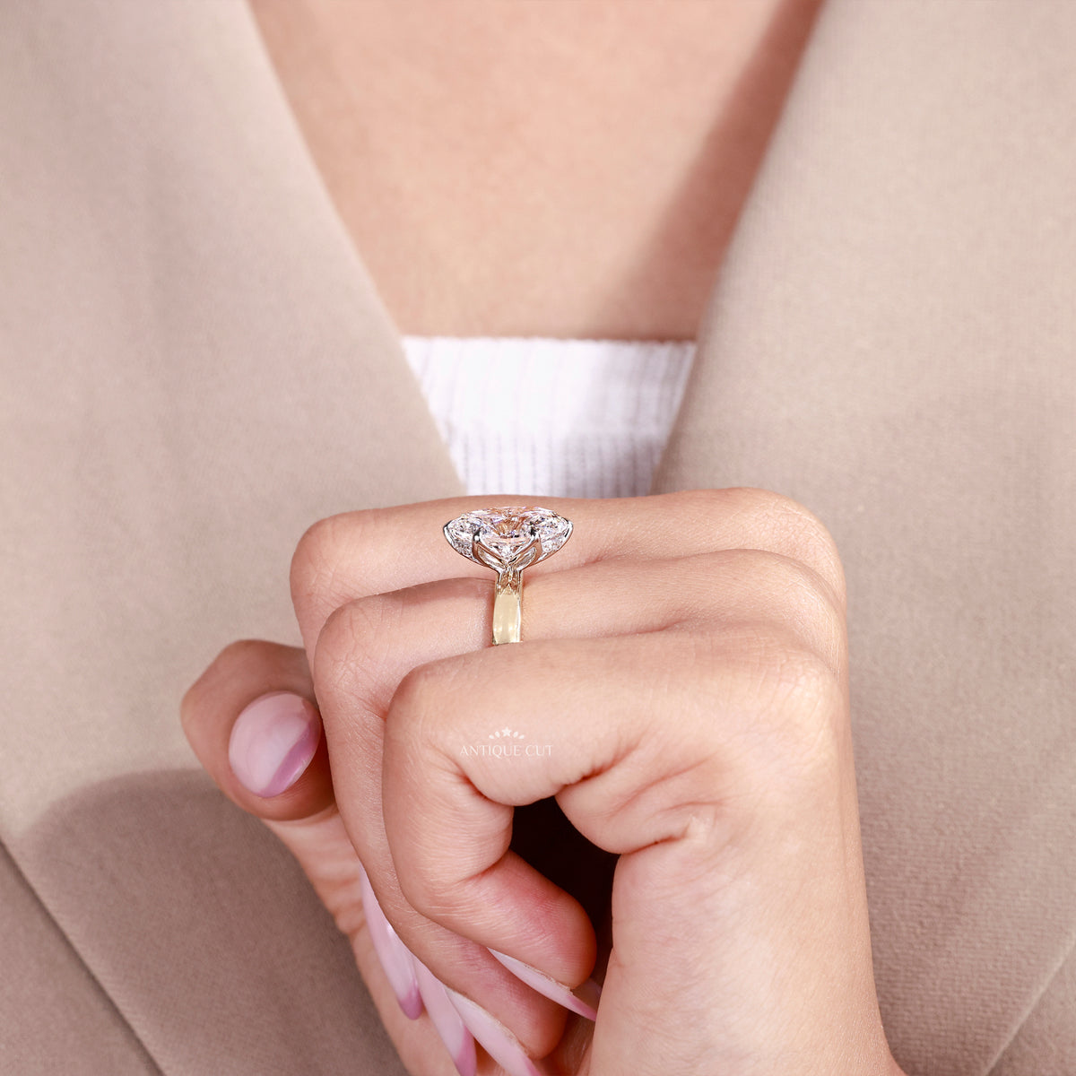 Oval lab grown diamond ring with two tone setting