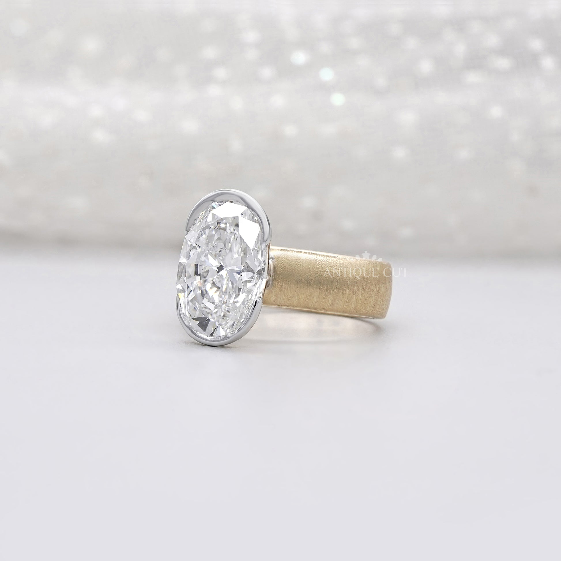 4ct Oval Lab Grown Diamond Bezel Engagement Ring | Paper Matte Finish | Two-Tone Gold | IGI Certified
