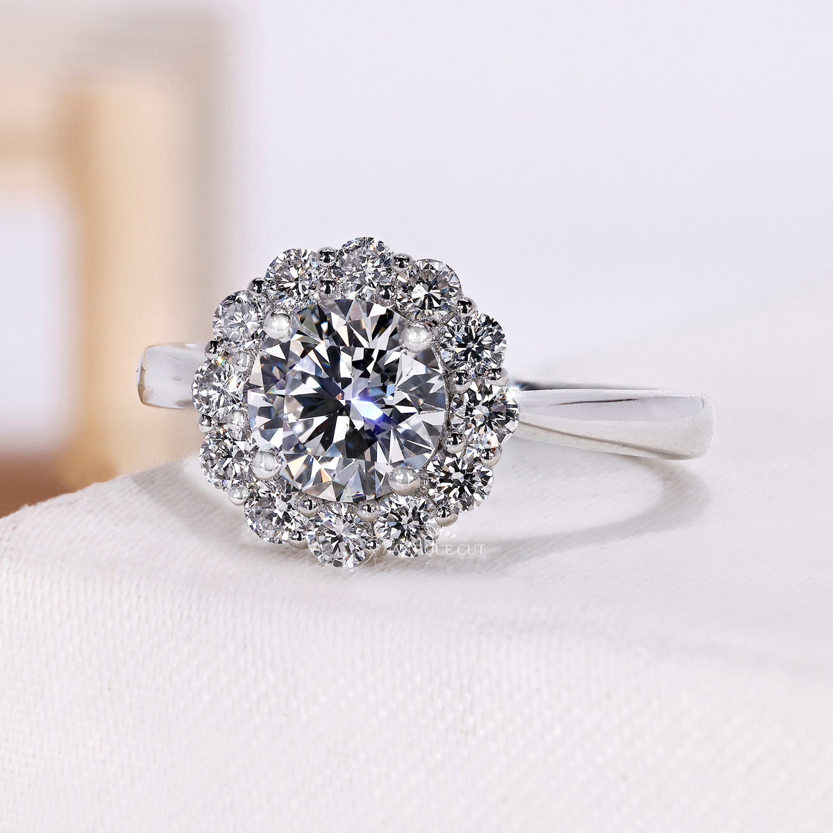 1.00 Carat Round Diamond Solitaire Engagement Ring with Floral Halo Design