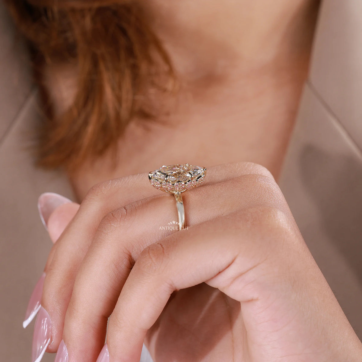4.00 Carat Marquise Lab Grown Diamond Ring With Pink Accents | Floral Setting