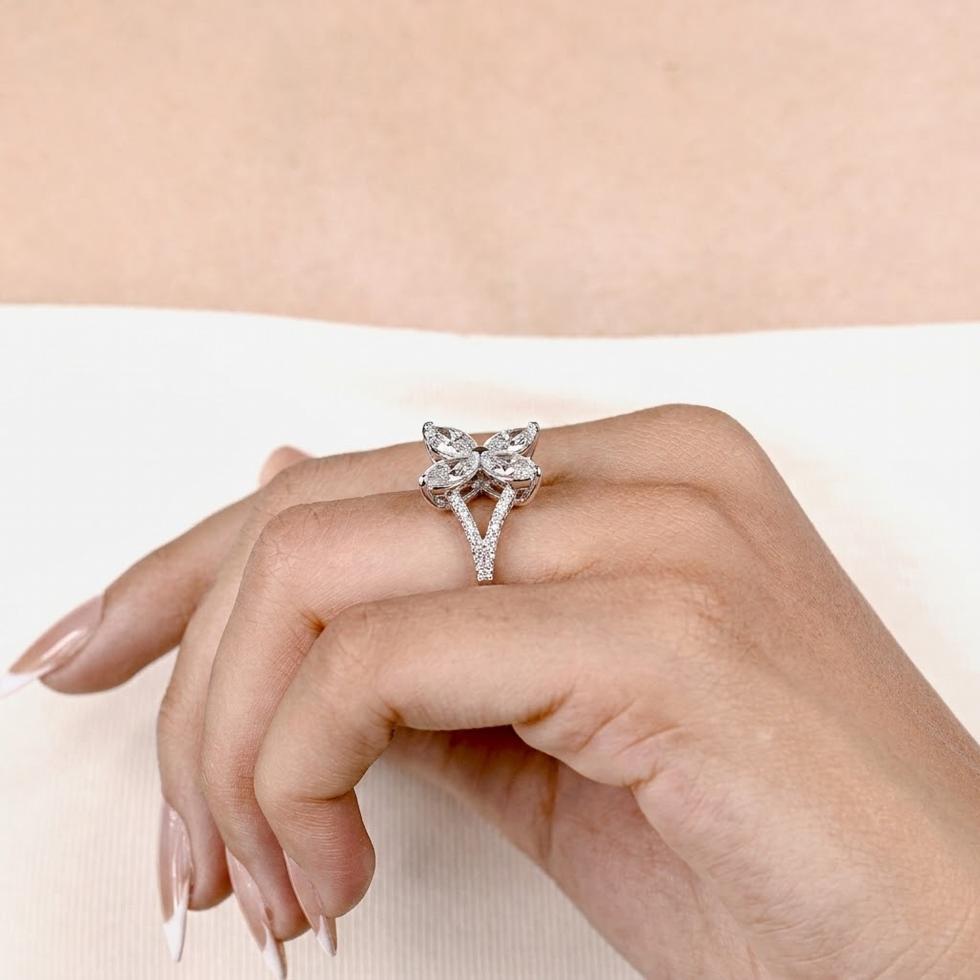 Split shank pave butterfly engagement ring