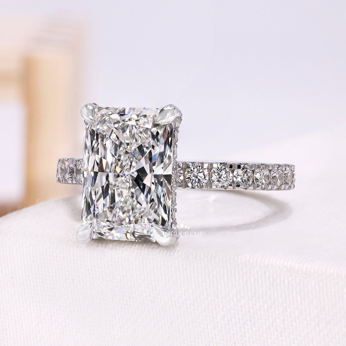 White Gold Radiant Cut Diamond Ring with Hidden Halo Setting
