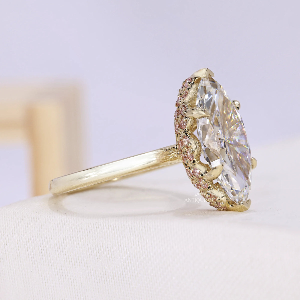 4.00 Carat Marquise Lab Grown Diamond Ring With Pink Accents | Floral Setting