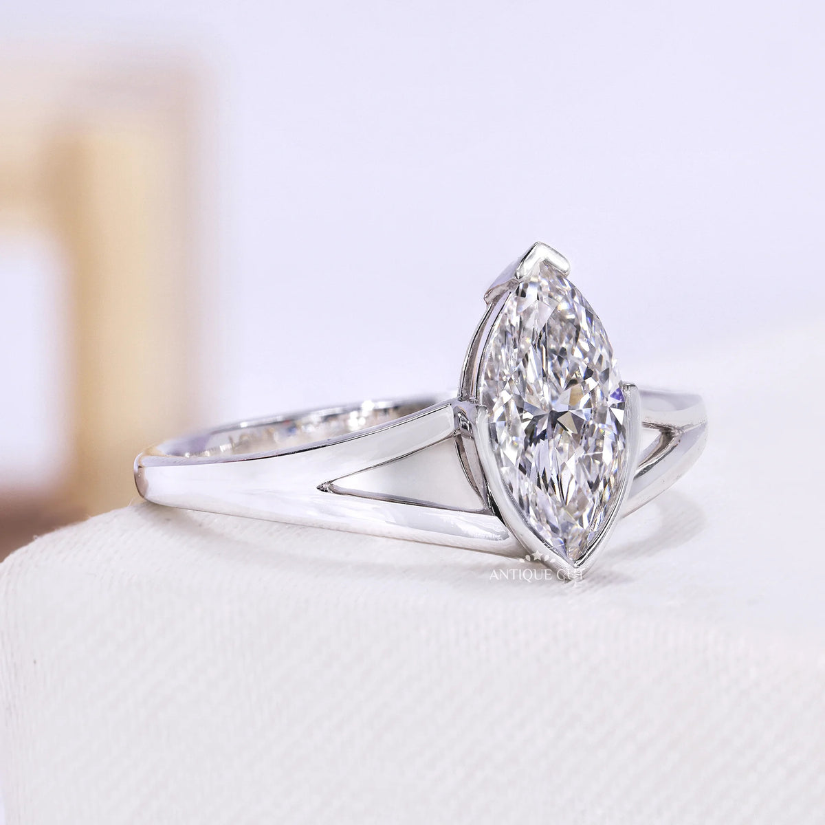 1.00 Carat Marquise Solitaire Engagement Ring With Split Shank Half Bezel Setting | IGI Certified