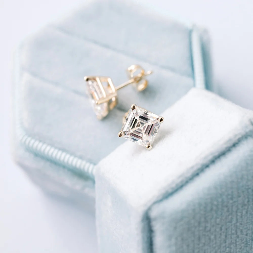 Asscher Lab Grown Diamond Double Prong Stud Solitaire Earrings, EF Color, VS Clarity, IGI Certified