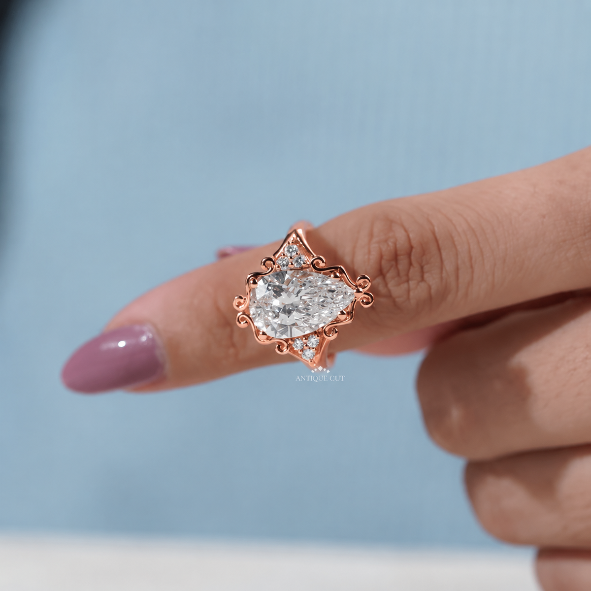 3.5 Carat Lab Grown Pear Cut Vintage Engagement Ring in Yellow Gold