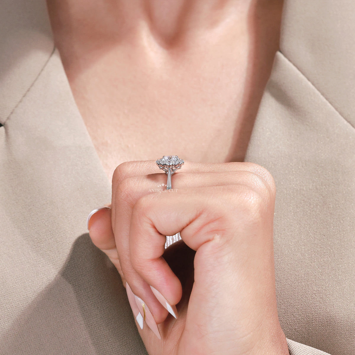 1.00 Carat Round Diamond Solitaire Engagement Ring with Floral Halo Design