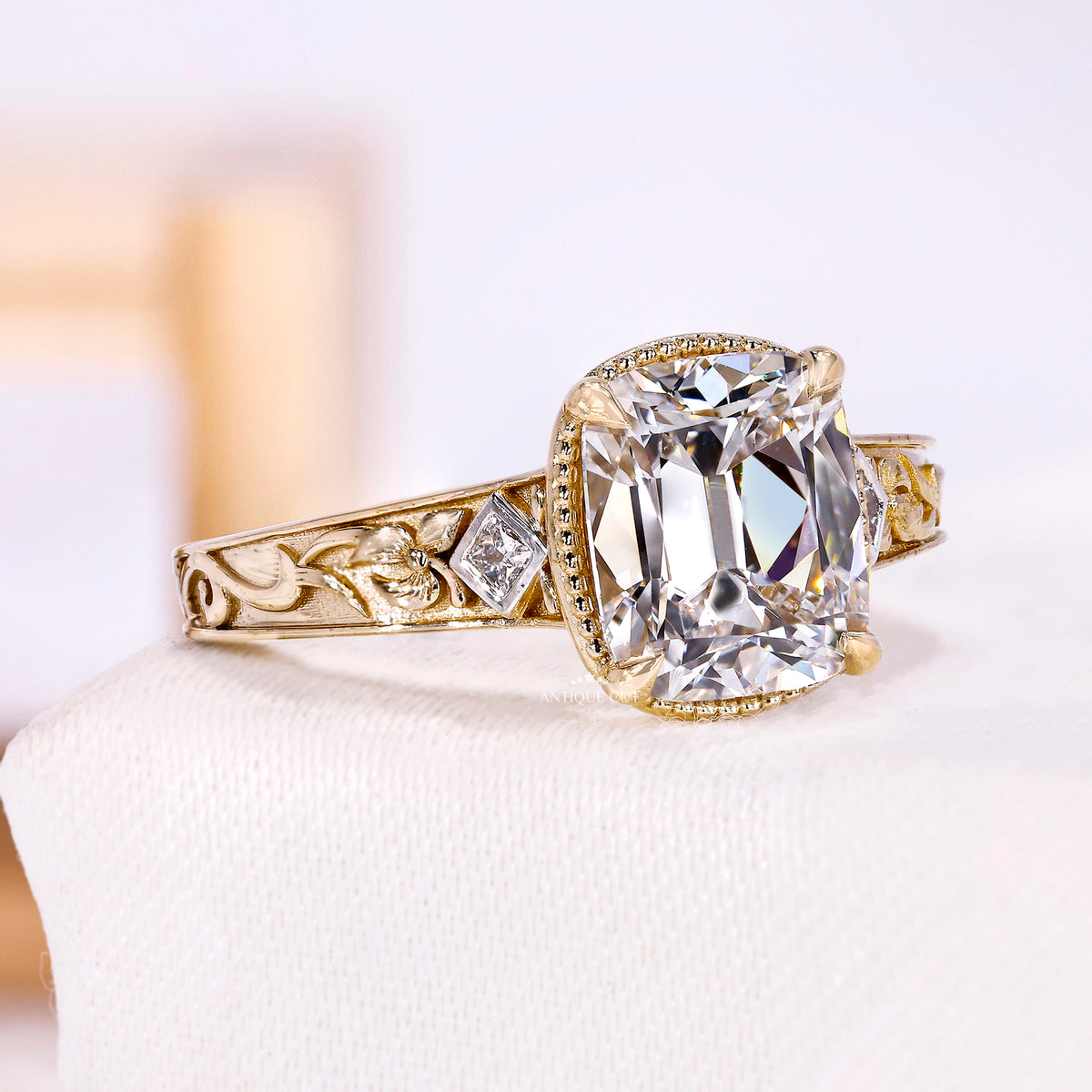 2.00 Carat Old Mine Cushion Cut Lab Grown Diamond Ring in Yellow Gold