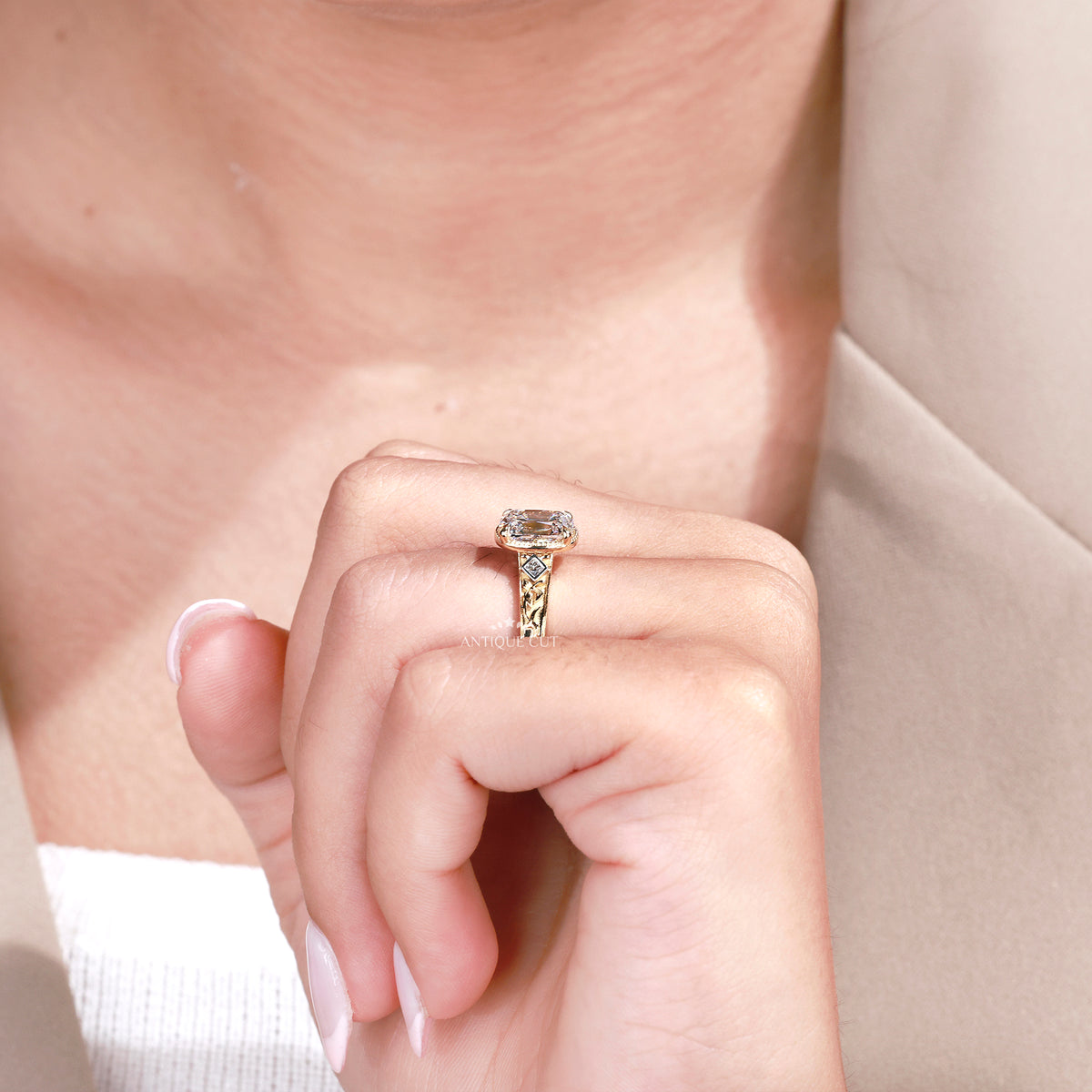 2.00 Carat Old Mine Cushion Cut Lab Grown Diamond Ring in Yellow Gold