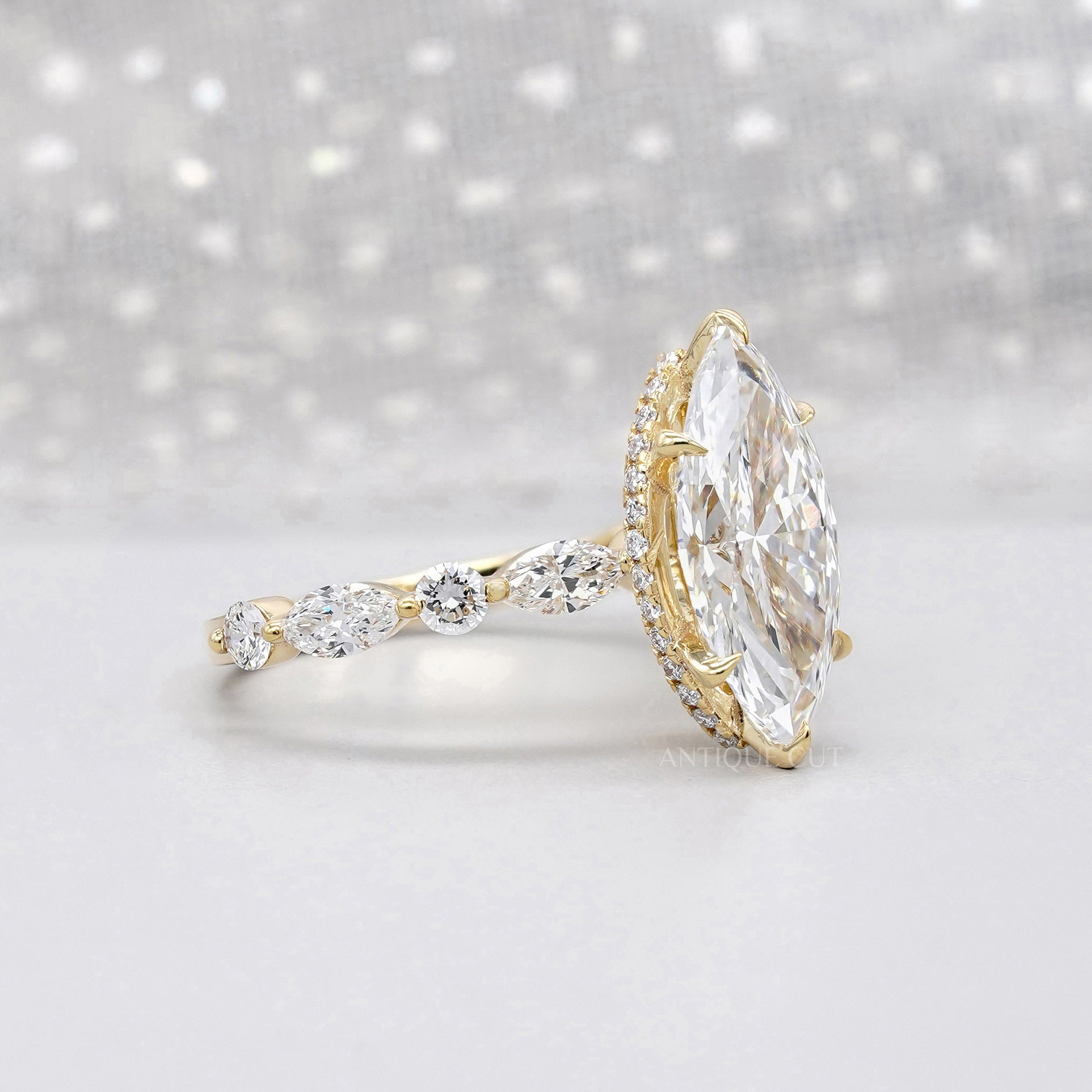 Yellow gold marquise lab grown diamond ring