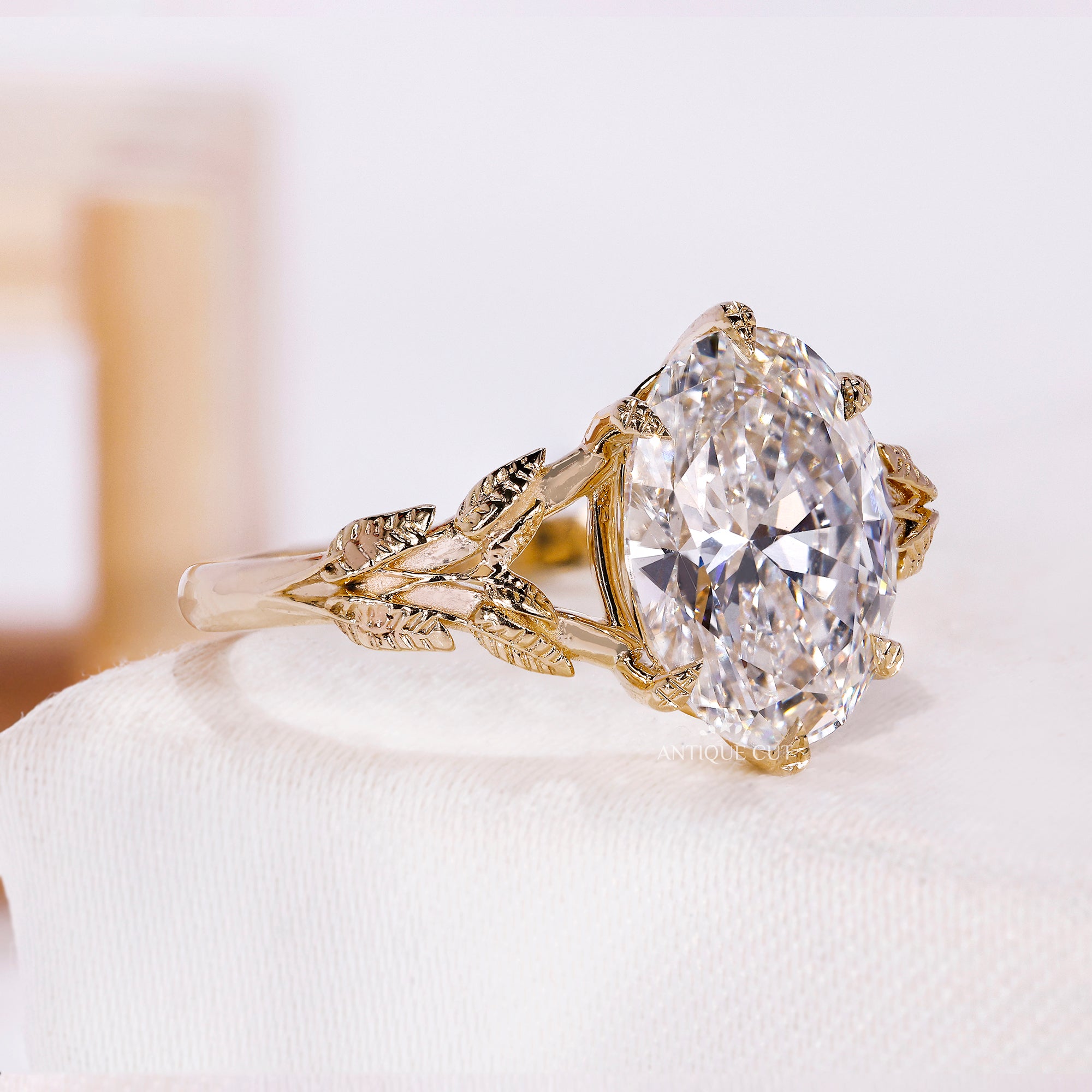 3.00 Carat Oval Cut Lab Grown Diamond Engagement Ring With Nature Inspired Leaf Vine Band