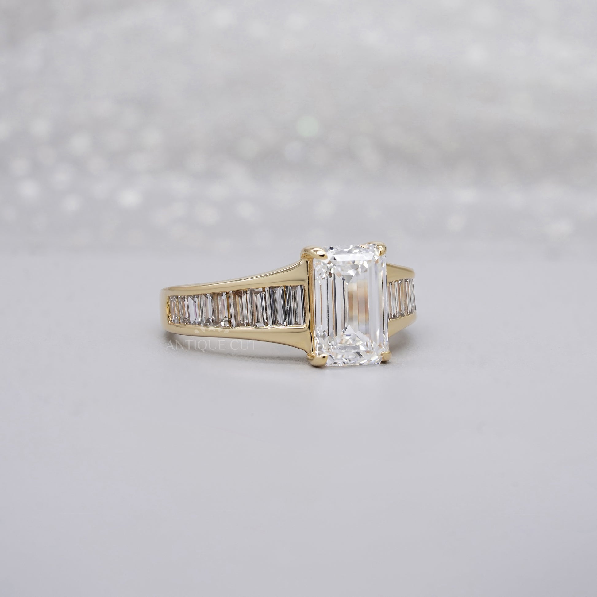 Emerald 3.20tcw Lab Diamond Engagement Ring | 2.5ct Center | Baguette Band | IGI Certified