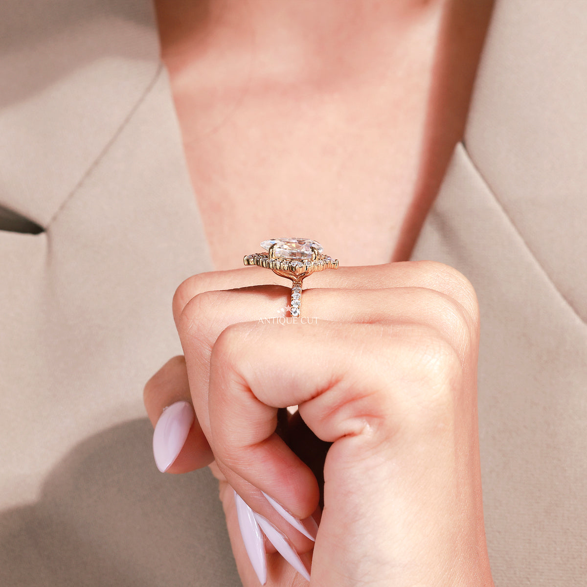 3.50 Carat Pear Cut Diamond Engagement Ring With Halo and Pave Band